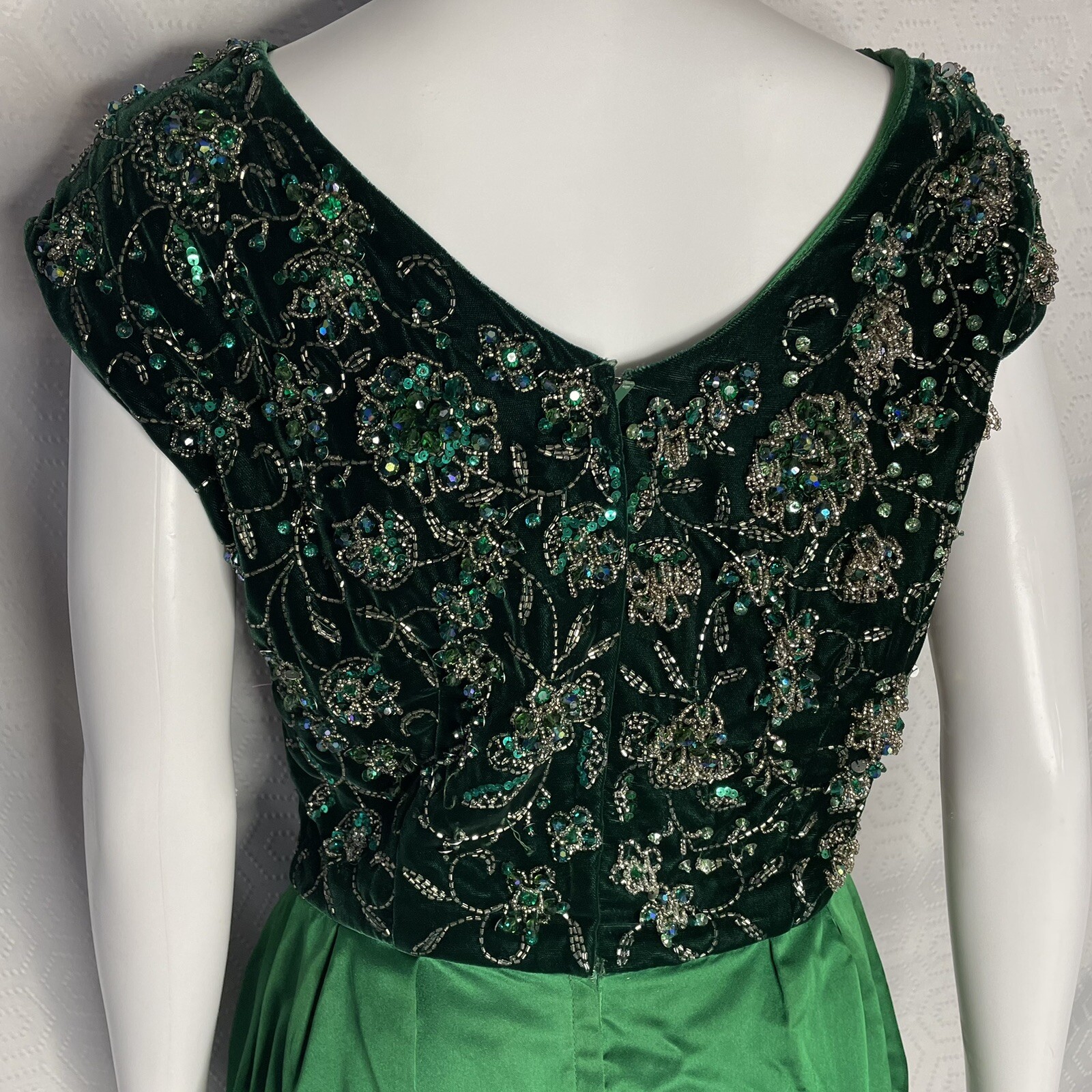 Vintage 60s Beaded Satin Velvet Gown Dress Pat Sandler For Highlights Green S