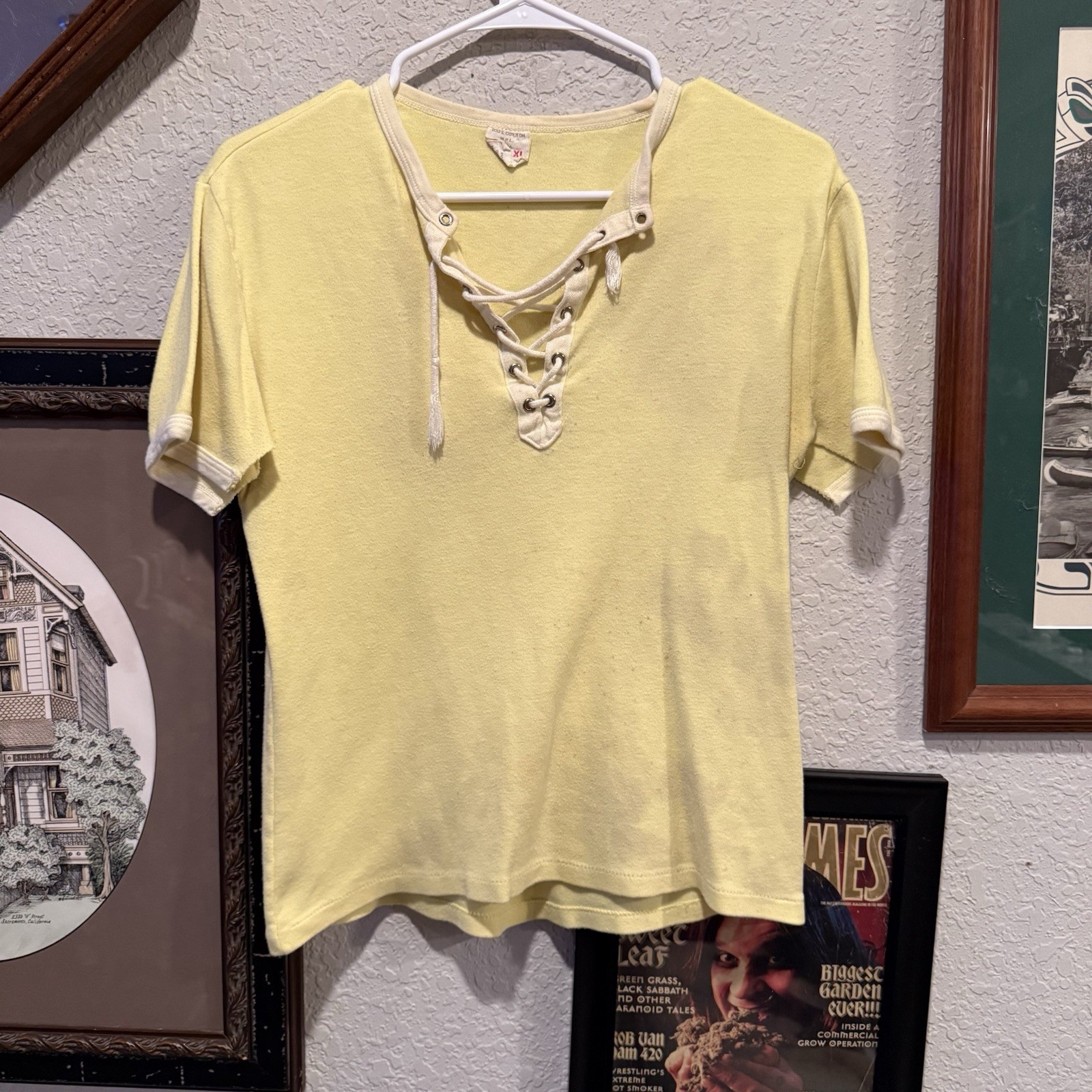 Vintage 60s/70s Men’s XL Yellow Lace Up Top Boho Mod Cool Hippie Shirt