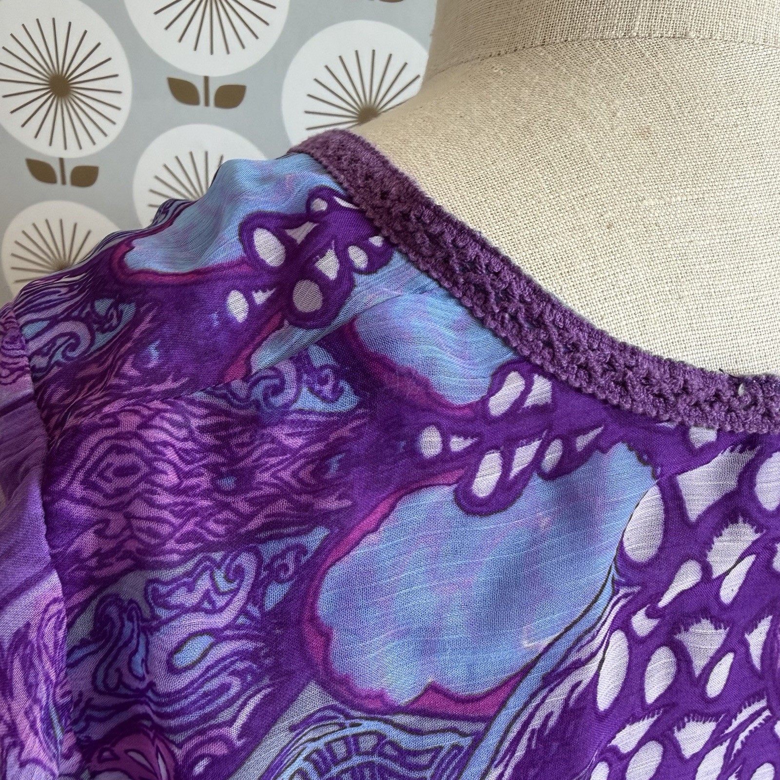 Vtg BLAIR Purple Chiffon Maxi Dress Sz Sm Petite Paisley Boho Butterfly Fairy