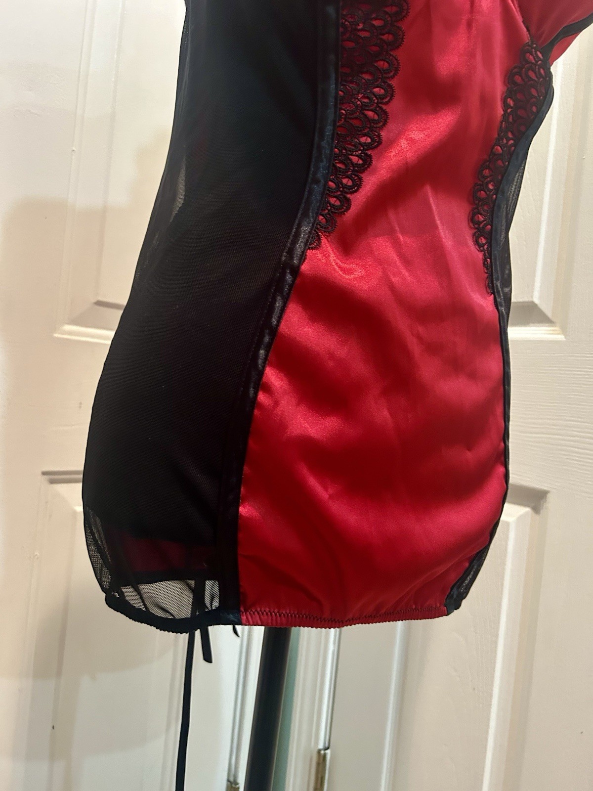VTG Shirley of Hollywood Red Satin Black Mesh Lace Corset Style Lingerie Dress