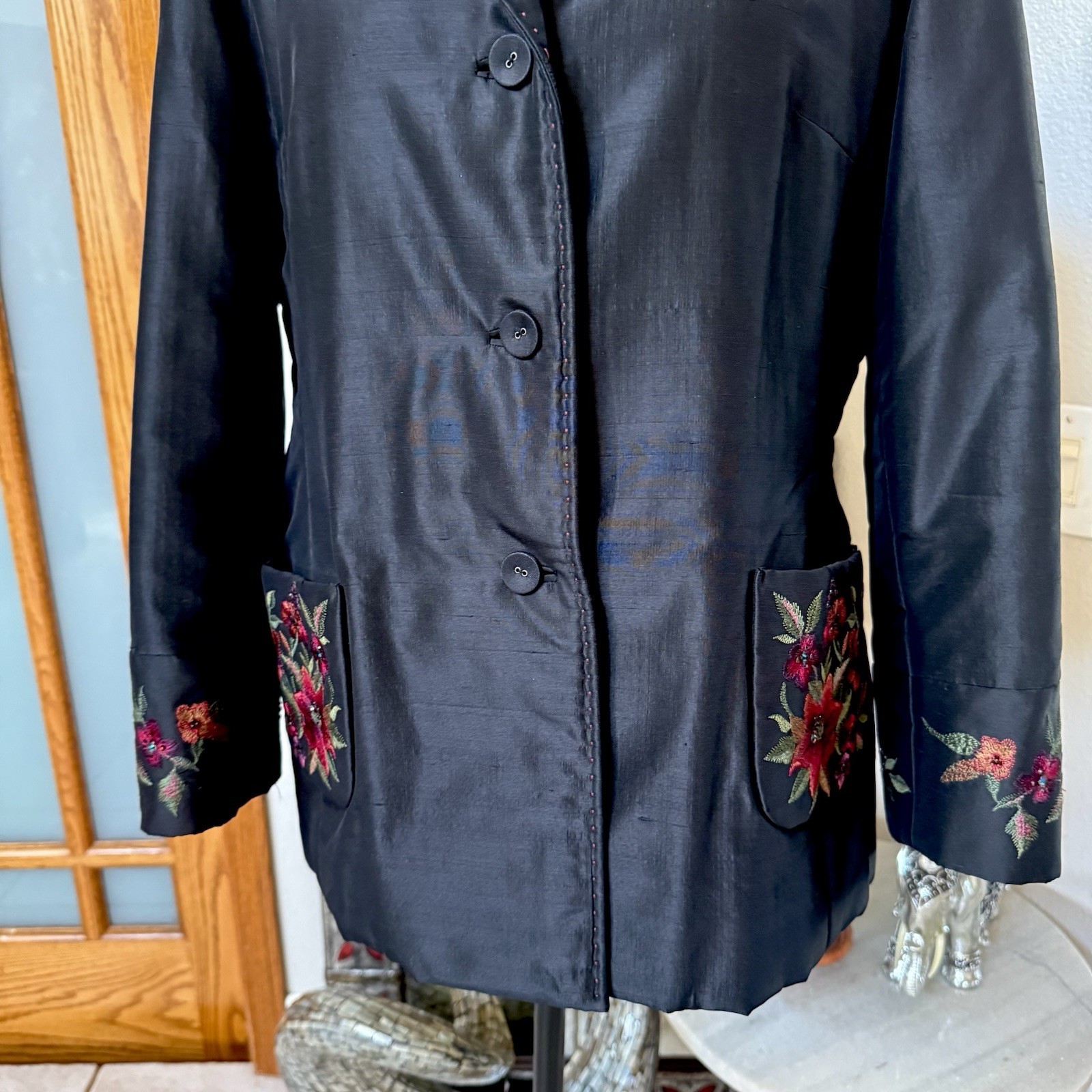 Vintage Korean Sul Yun Hyoung Designer Black Blazer Floral Embroidered Jacket
