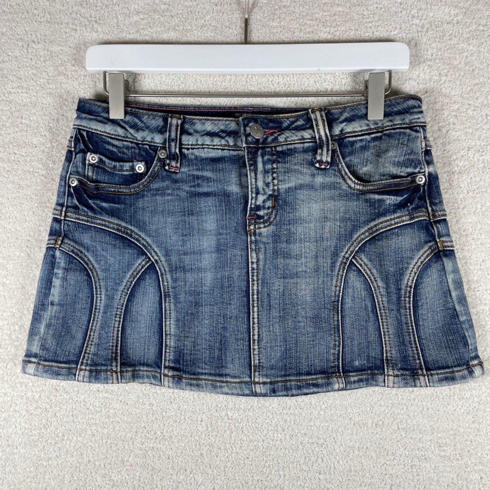 vintage Y2K micro mini low rise denim jean skirt juniors 7 back pocket stitching