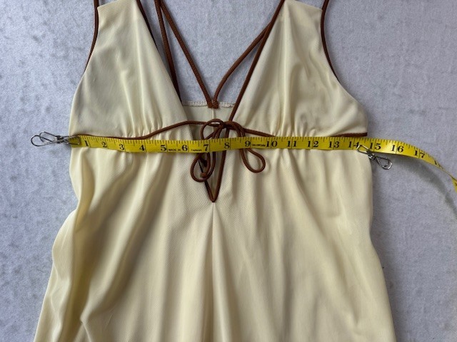 Vintage 70s Dutchess Yellow Nightgown Slip Fairy Whimsy Sz 11 V Neck Brown Tie