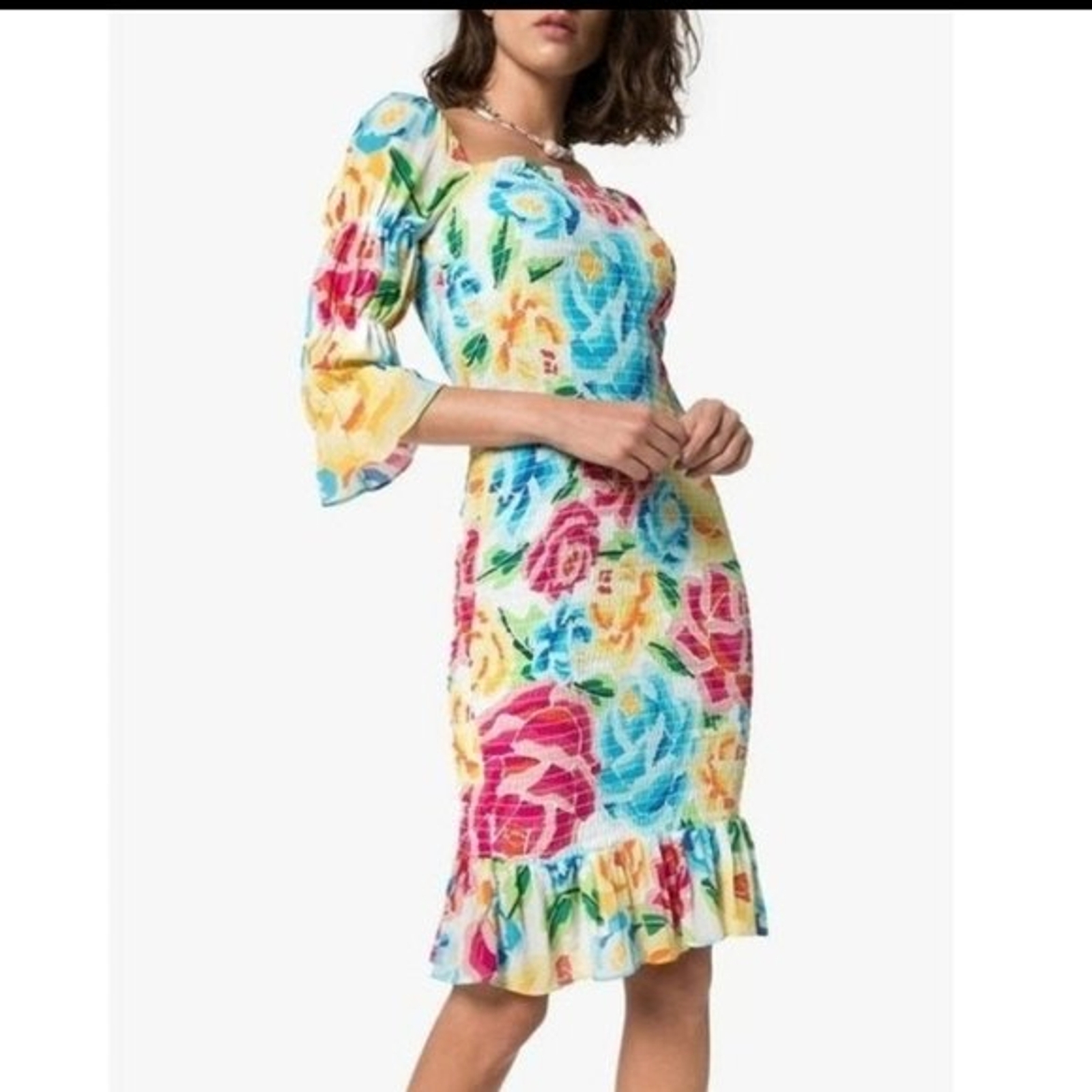 NWT All Things Mochi Mariana Multi Floral Dress, size M 3/4 sleeve