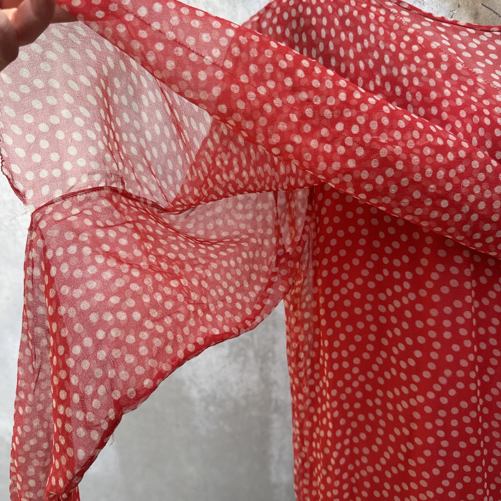 Antique 1920s Red Silk Chiffon Dress Polka Dot Asymmetrical Bow Marjone Vintage