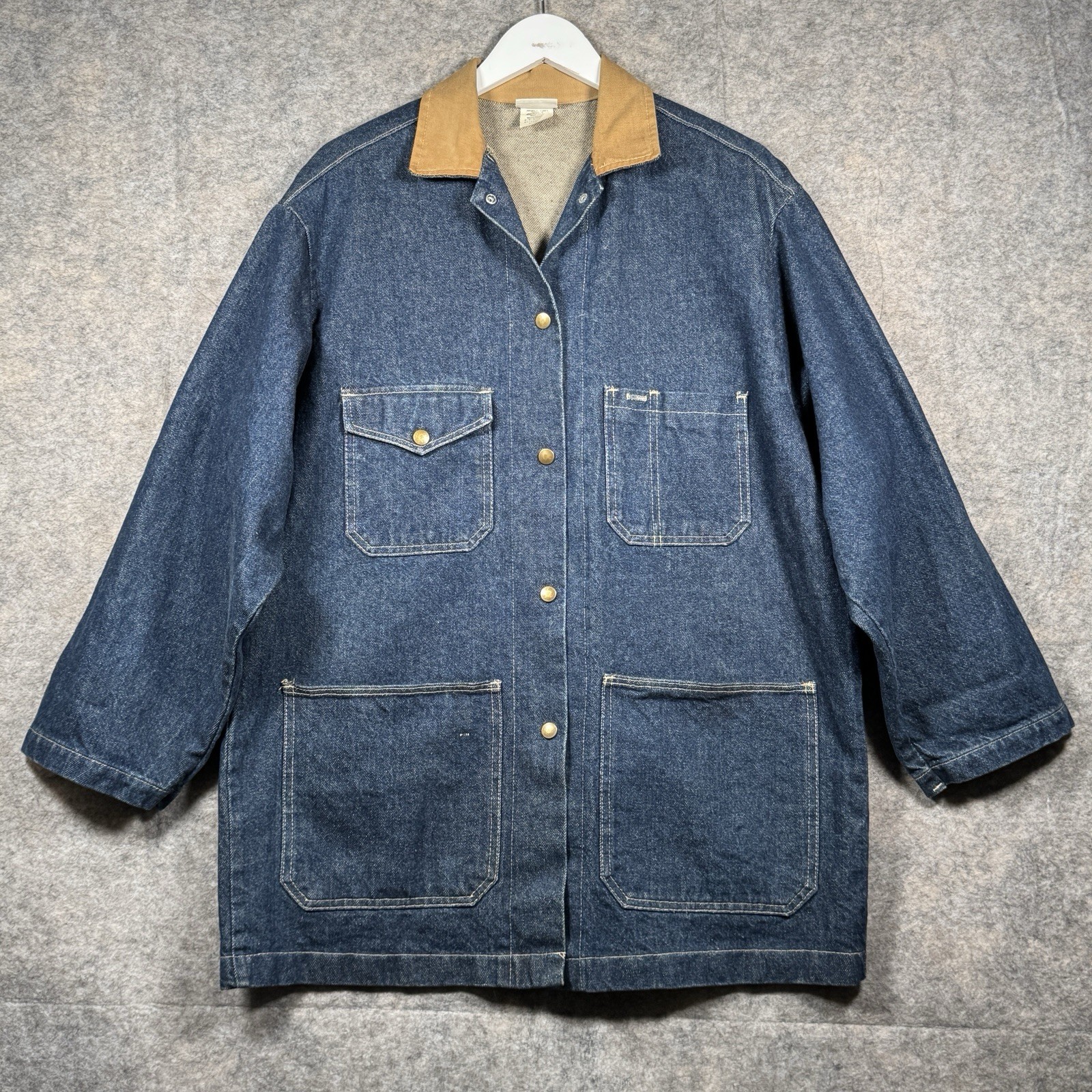 Vintage 90s Womens Avon Denim Chore Coat Size M 24×32 Corduroy Collar Pockets