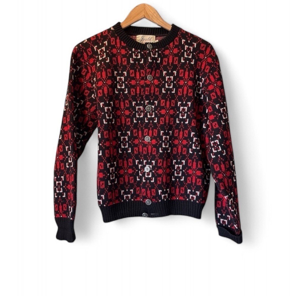 Jersild Cardigan Sweater Womens Medium Red Black Wool Fair Isle Vintage Nordic