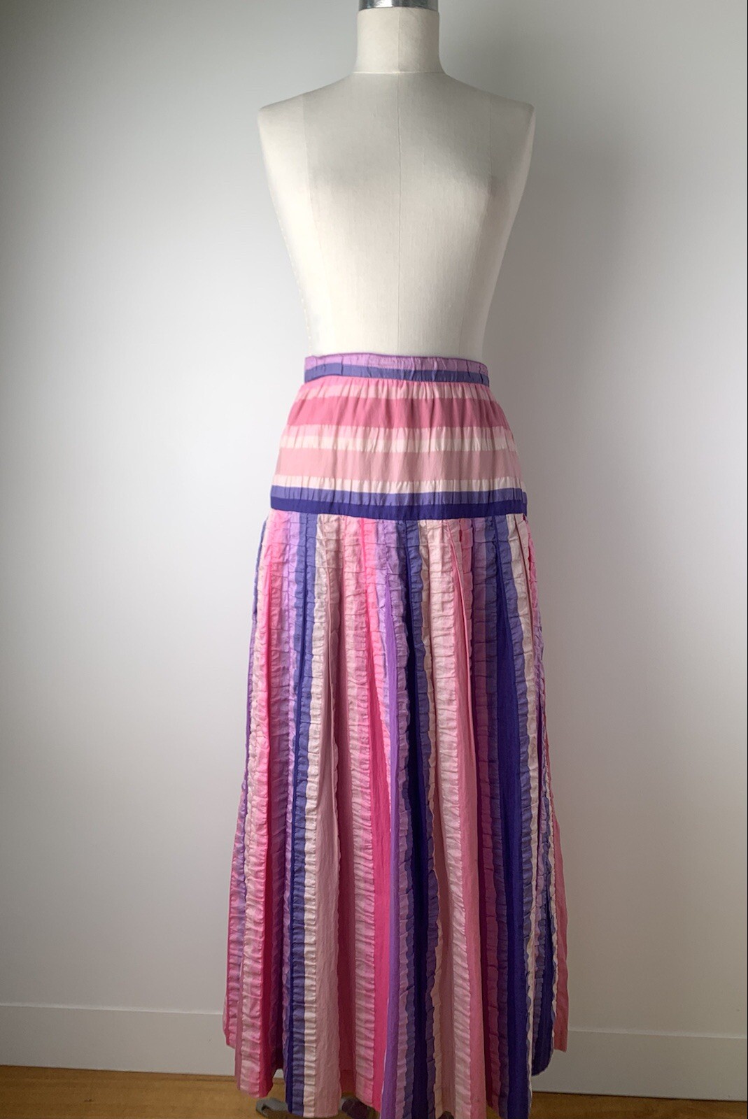Vintage 1970s Maxi Skirt Madras Seersucker Pastel Rainbow Stripe Handmade S/M