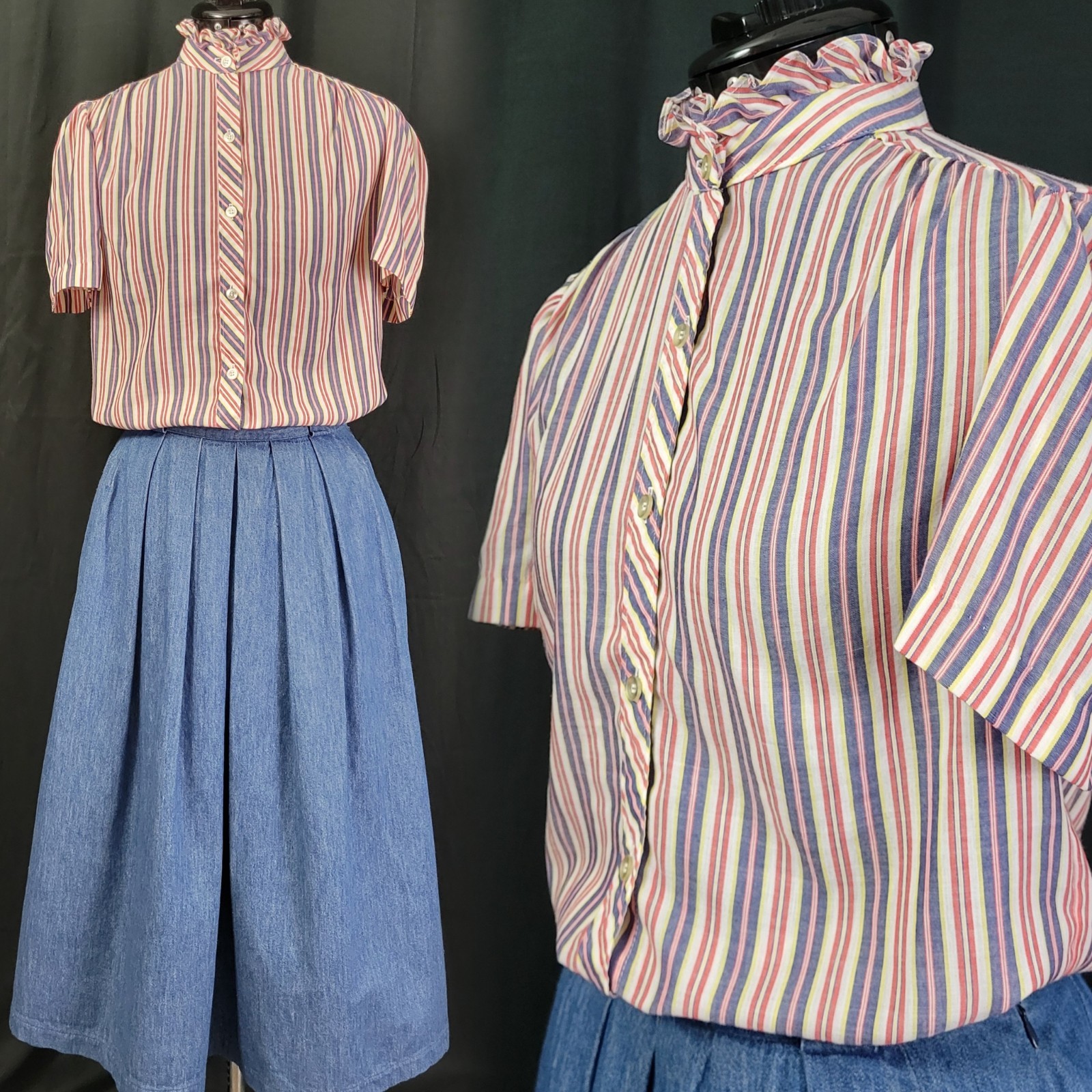 Vintage Miss Fashionality Pink/Purple/White Striped Button Down Top Size 9/10
