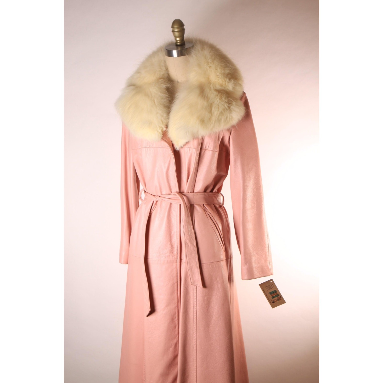1970s Pink Leather Cream Fox Fur Trench Coat by New England Sportswear Company