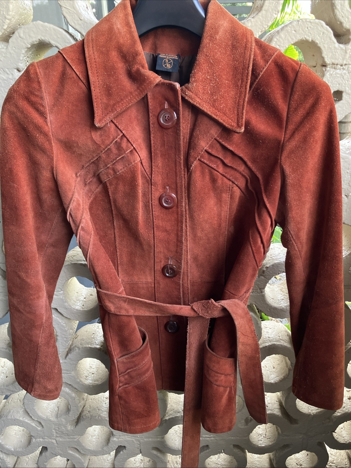 Vintage 1970s 70s Suede Belted Peacoat Burnt Orange Lined Size 9/10 XS