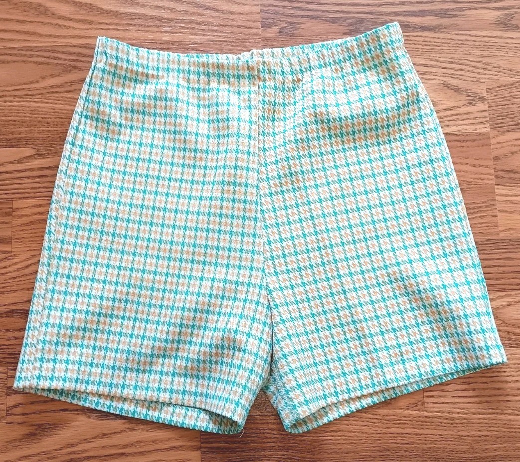 1960s 70s Preppy Mod Golf Shorts Houndstooth Plaid Green Orange 5″ Jrs 15/16 VTG