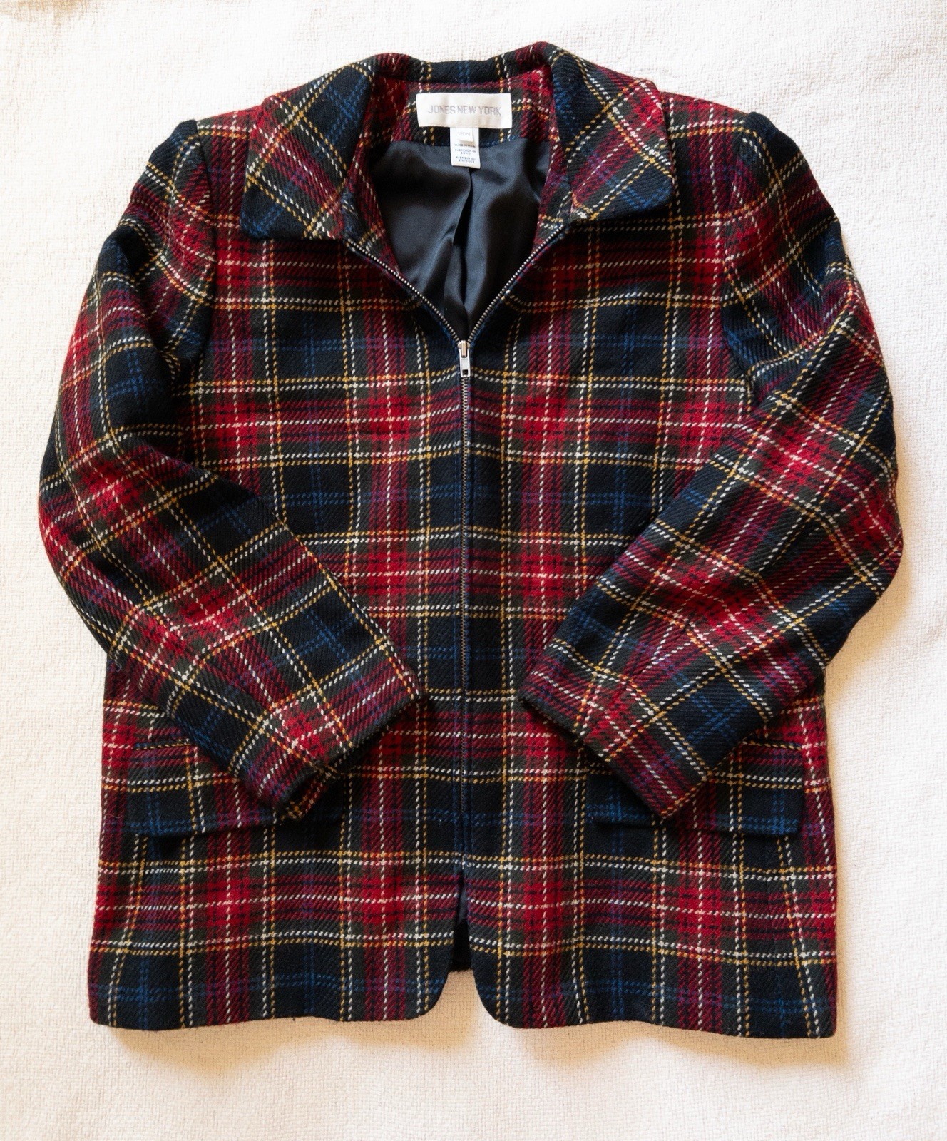 VTG Jones New York Wool Tartan Plaid Zip Blazer Jacket Red Plus Size 16W USA