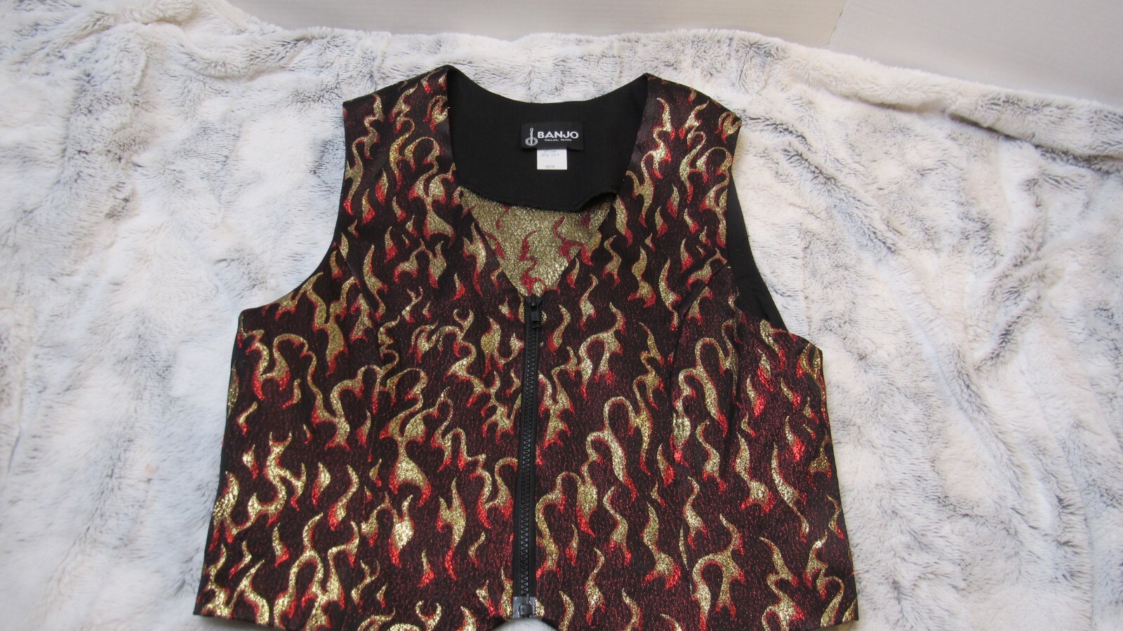 Banjo Dallas Texas Western Vest Medium Adult Rodeo Cowboy Black Zip Up Flames