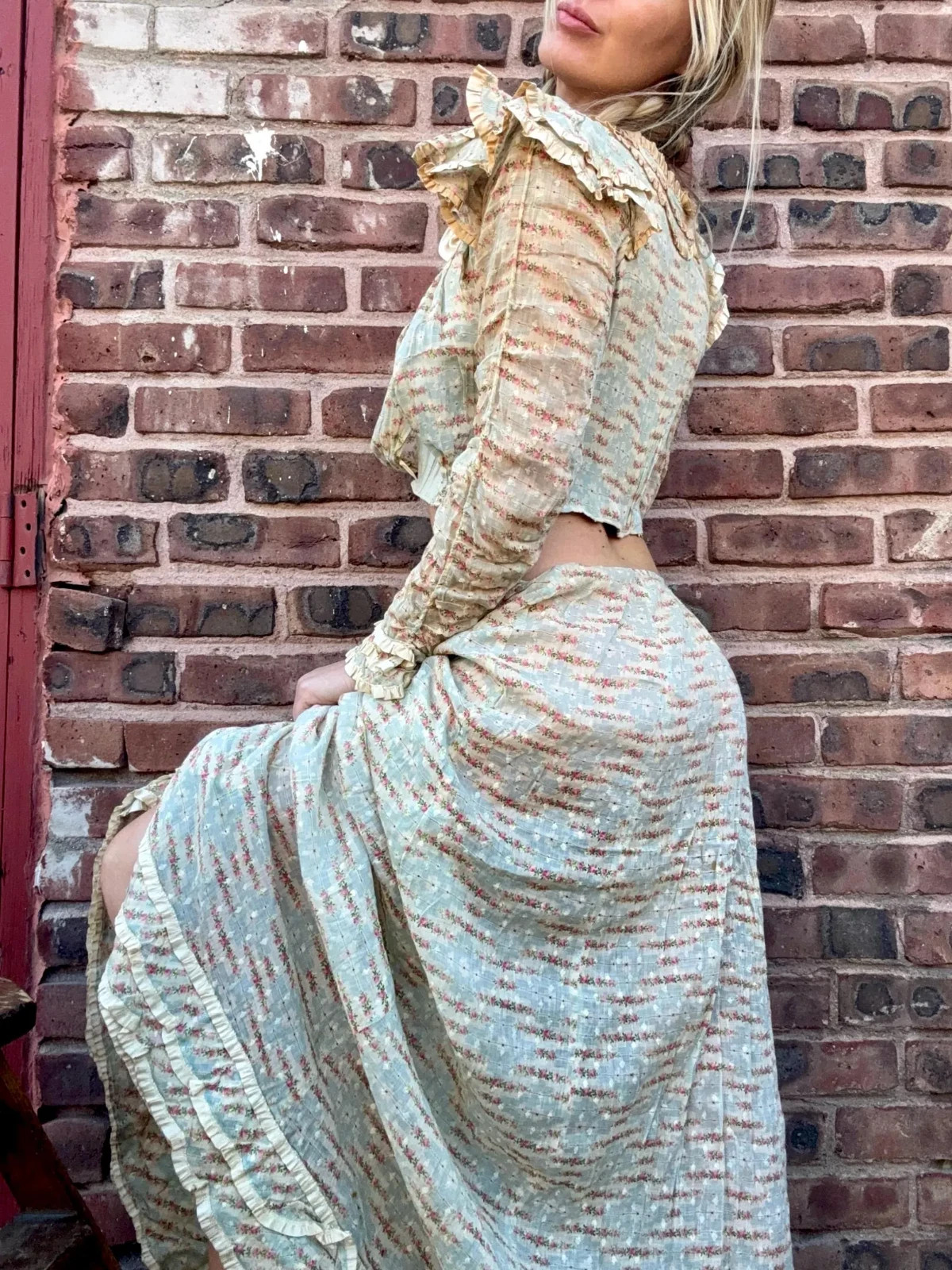 Antique 1800s Floral Cotton 4 Piece Ensemble Bodice Petticoat Museum Set Dress