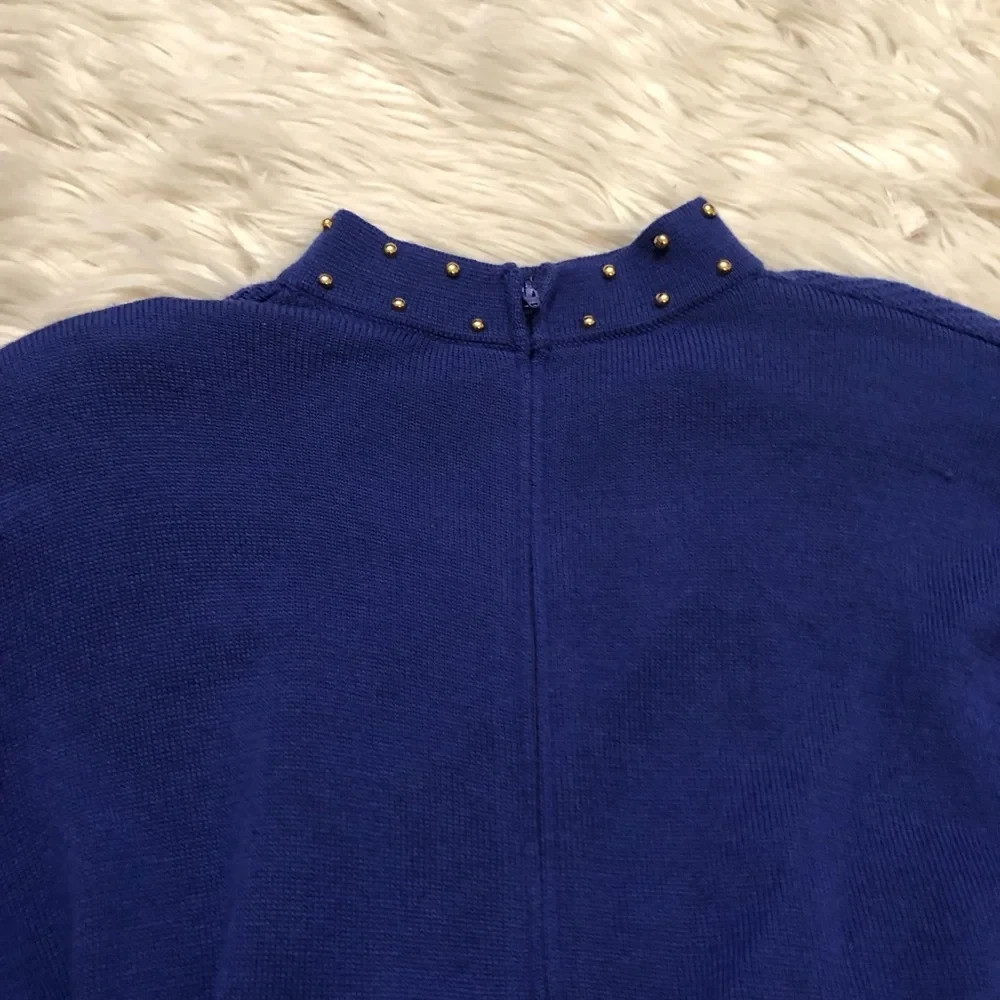 Vintage 70s 80s CIAO Ltd Wool Preppy Gold Stud Cobalt Midi Knot Sweater Dress 12