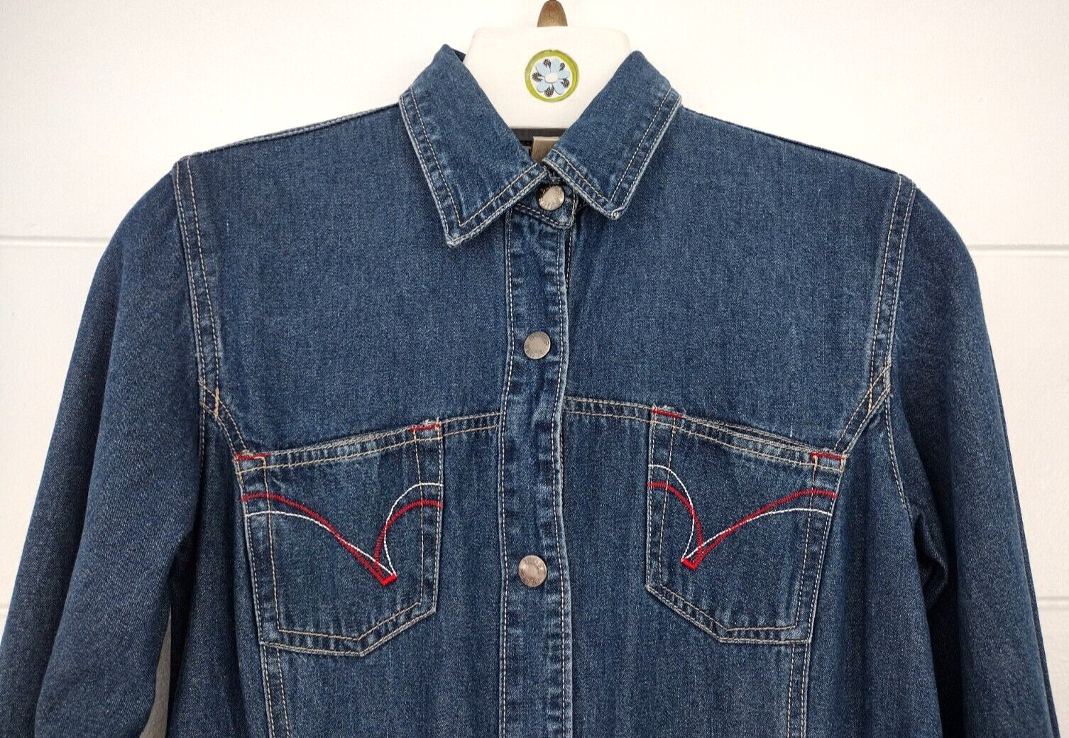 Vtg 90s Y2k Adriana Denim Jean Shirt Dress Snap Front Dark Wash Duster S Rodeo