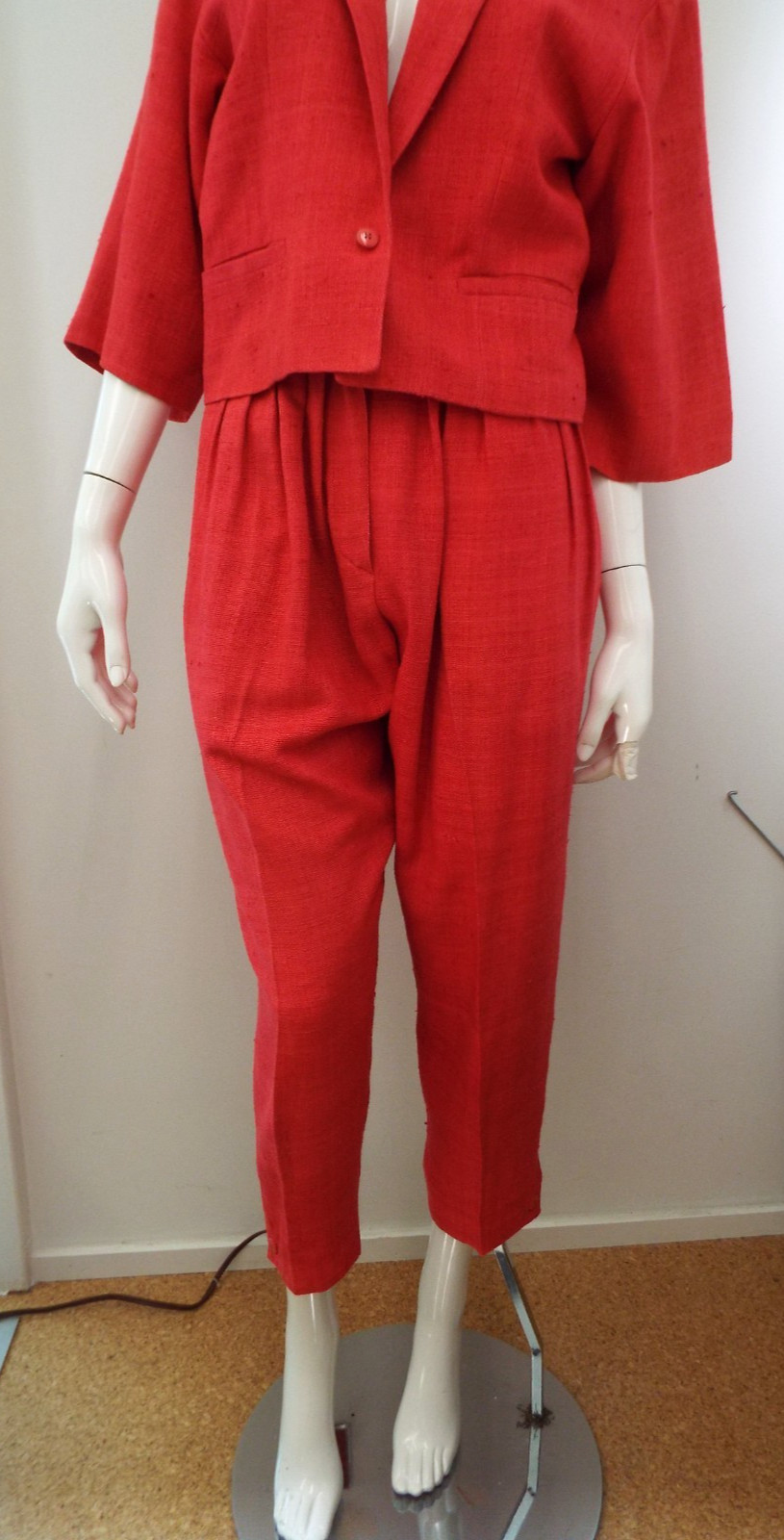 Vintage 1980s KENZO Red Silk Suit Cropped Blazer Jacket & Pleated Pants 38 Small