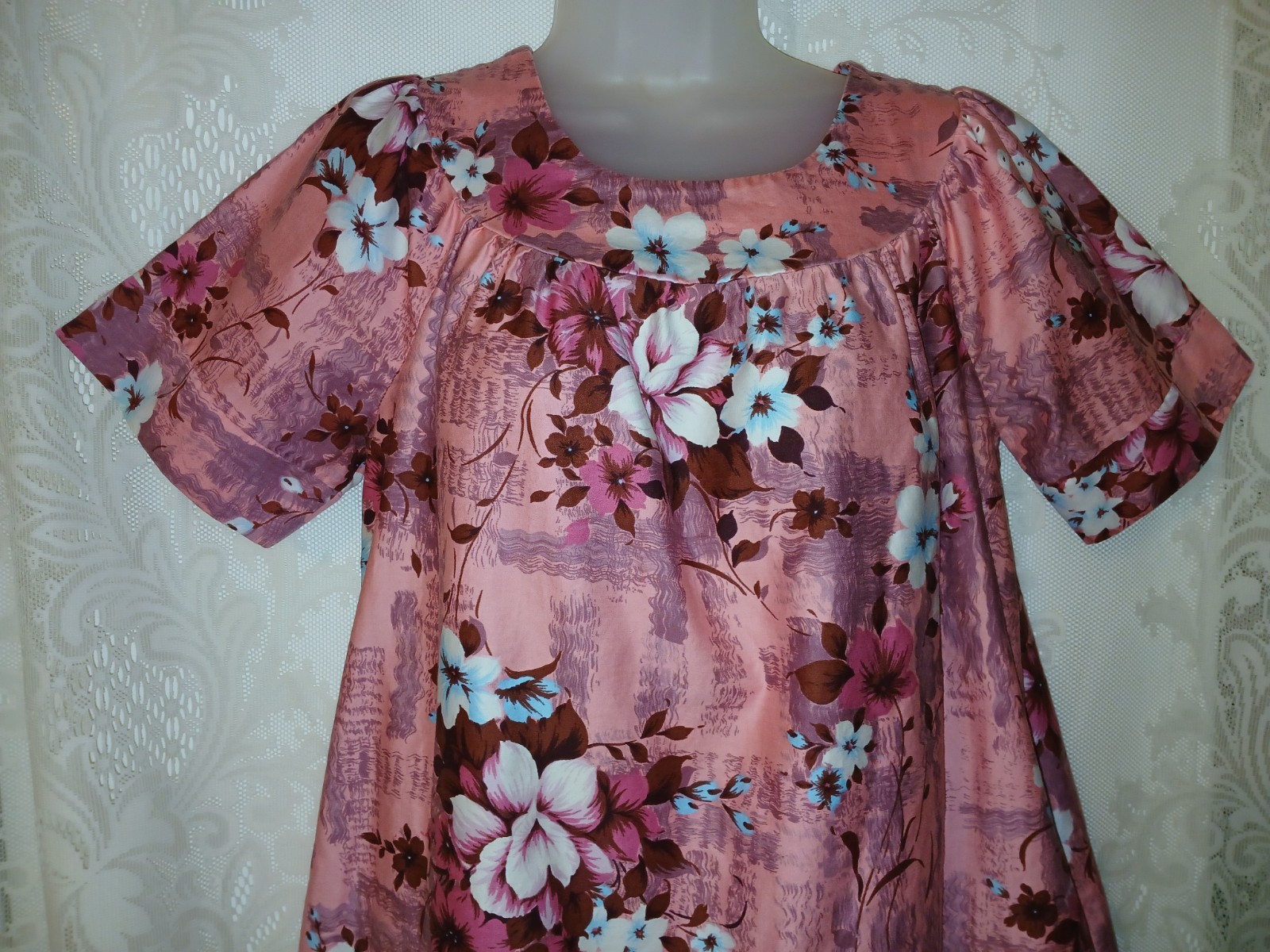 Vintage 70s Sears Hawaiian Pink Floral Cotton Muumuu Caftan Tiki Oasis Dress S