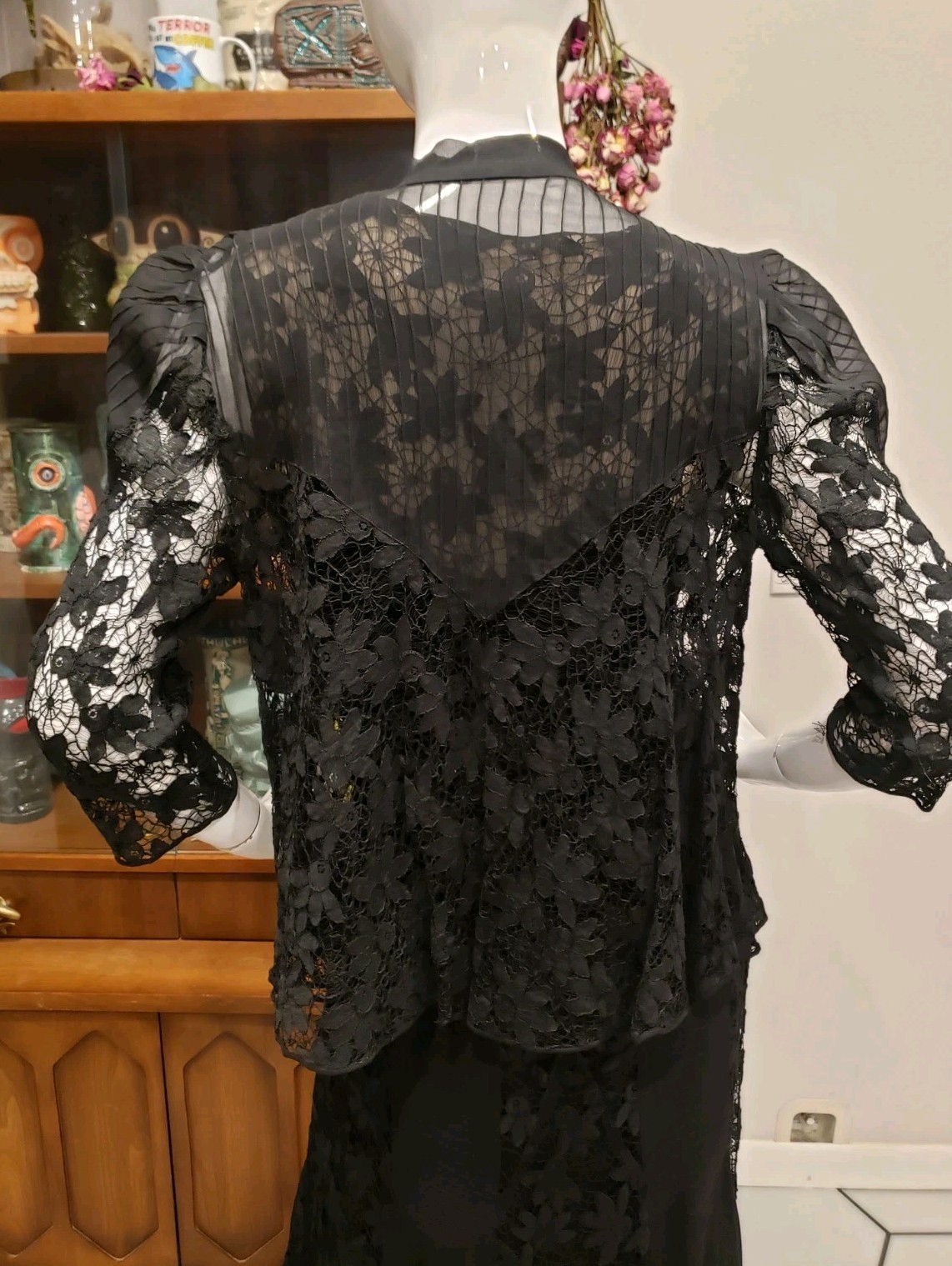 Vintage 1930s Spider Web Lace Silk Chiffon Three Piece Jacket Dress Set Sm