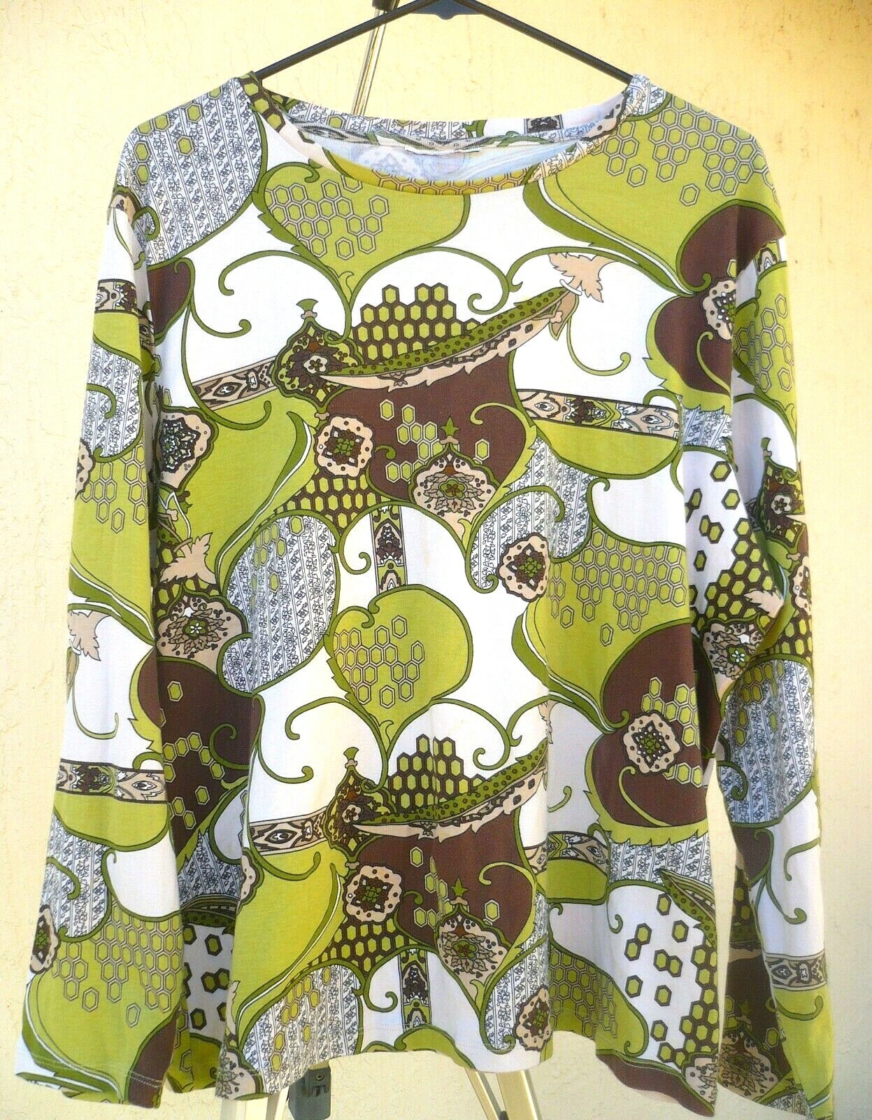 VTG 90S PLUS 1X 2X STRETCH ABSTRACT RETRO HIPPY LIME BROWN MODERN TOP SHIRT LADY