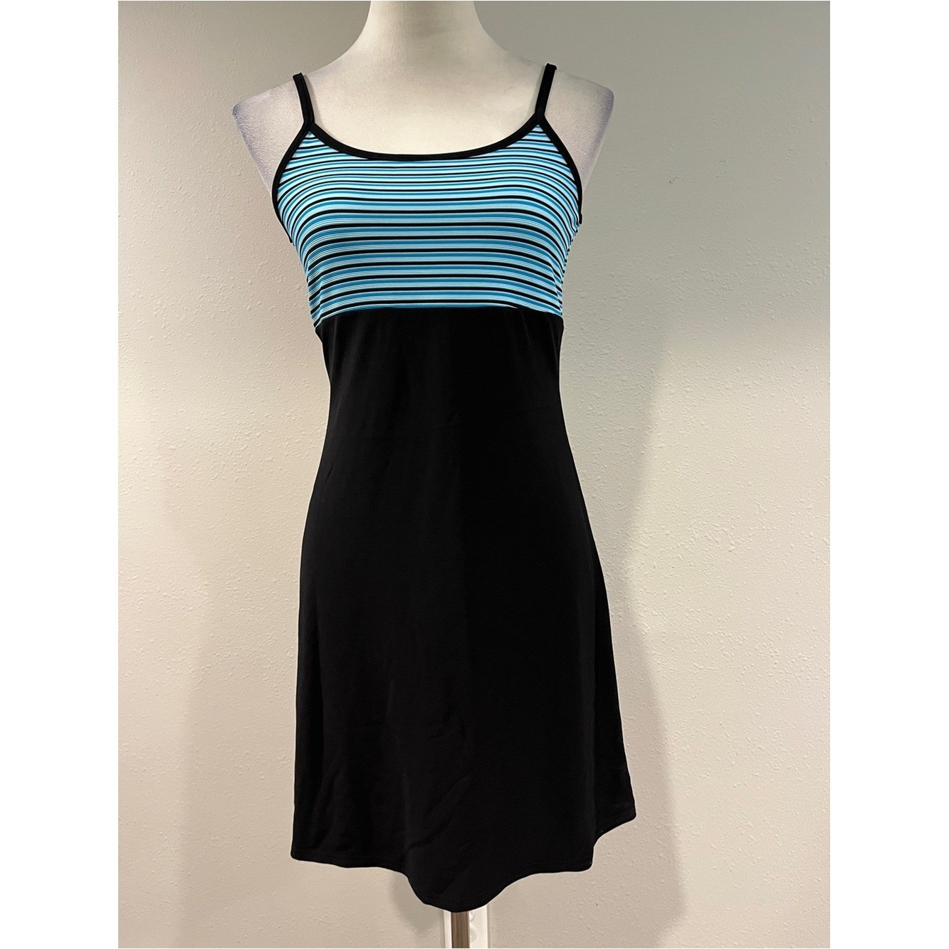Vintage Y2K Black Dress with Blue & White Stripe Bodice and Spaghetti Straps