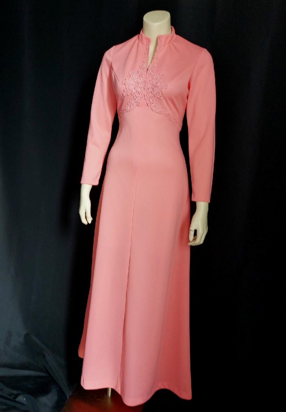 BOHO BARBIECORE Jerrie Lurie 1970s Vintage LACY PINK Empire MAXI DRESS S / M