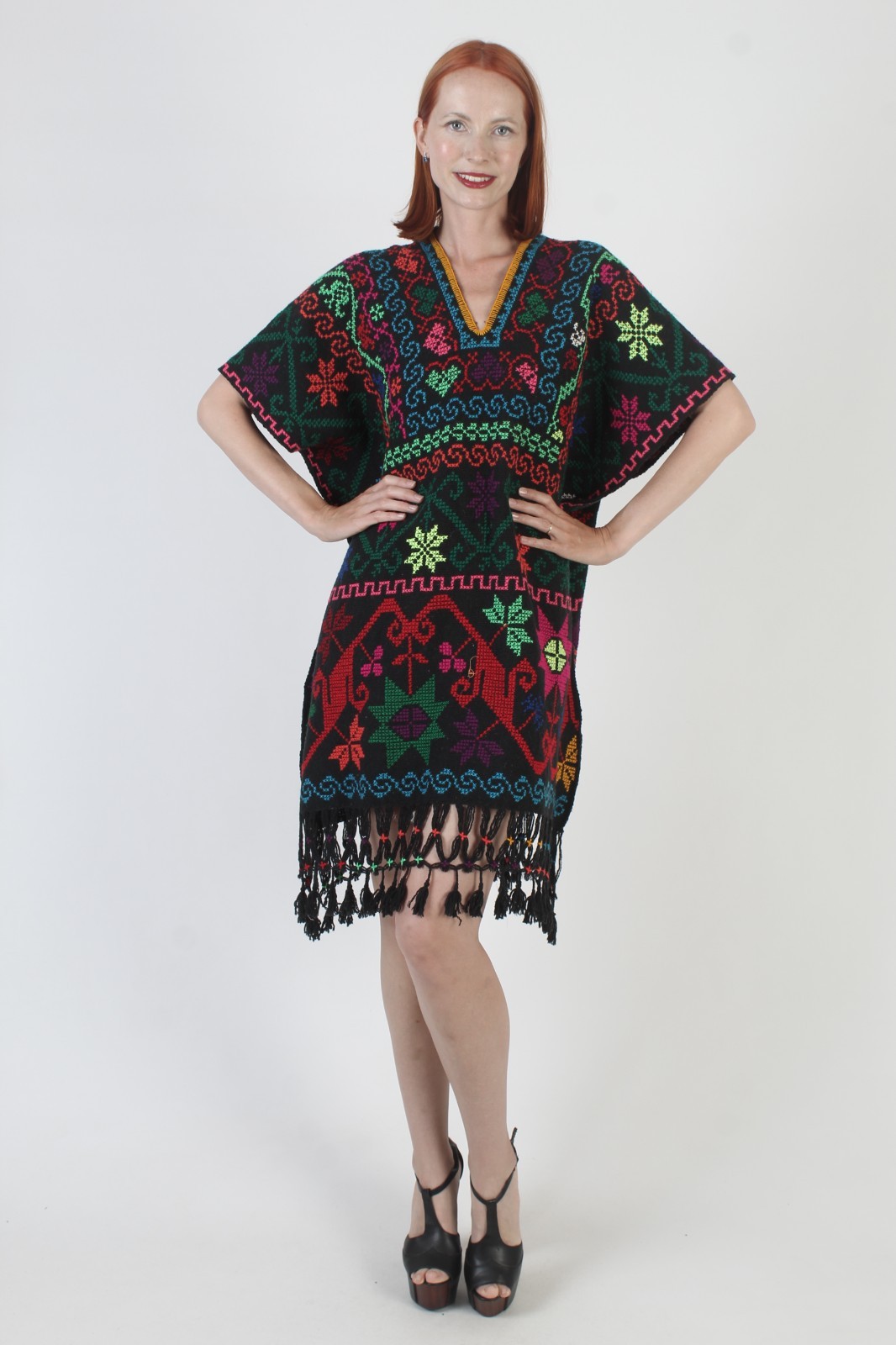Vintage Black Mexican Kaftan Embroidered Fringe Oaxacan Sundress Woven Caftan