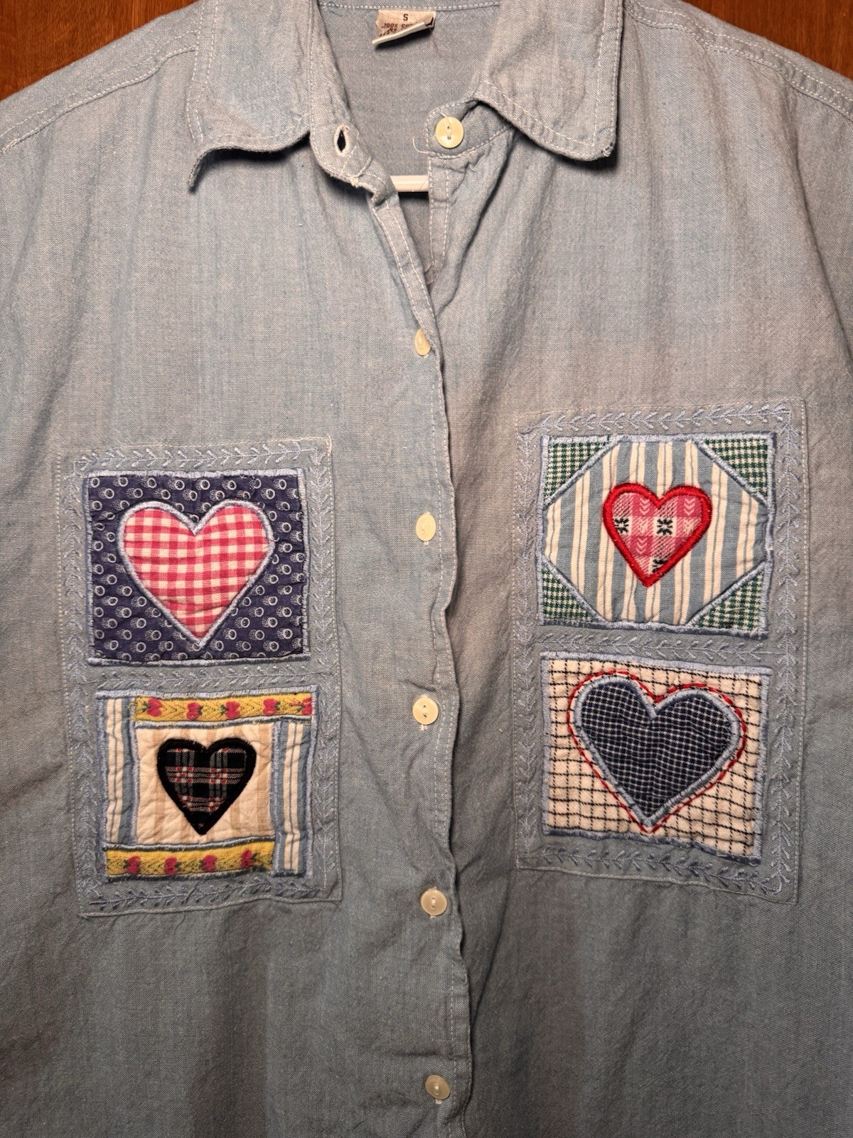 Vintage Kikomo Heart Patchwork Shirt Small Blue Cotton Chambray Cottagecore 90s