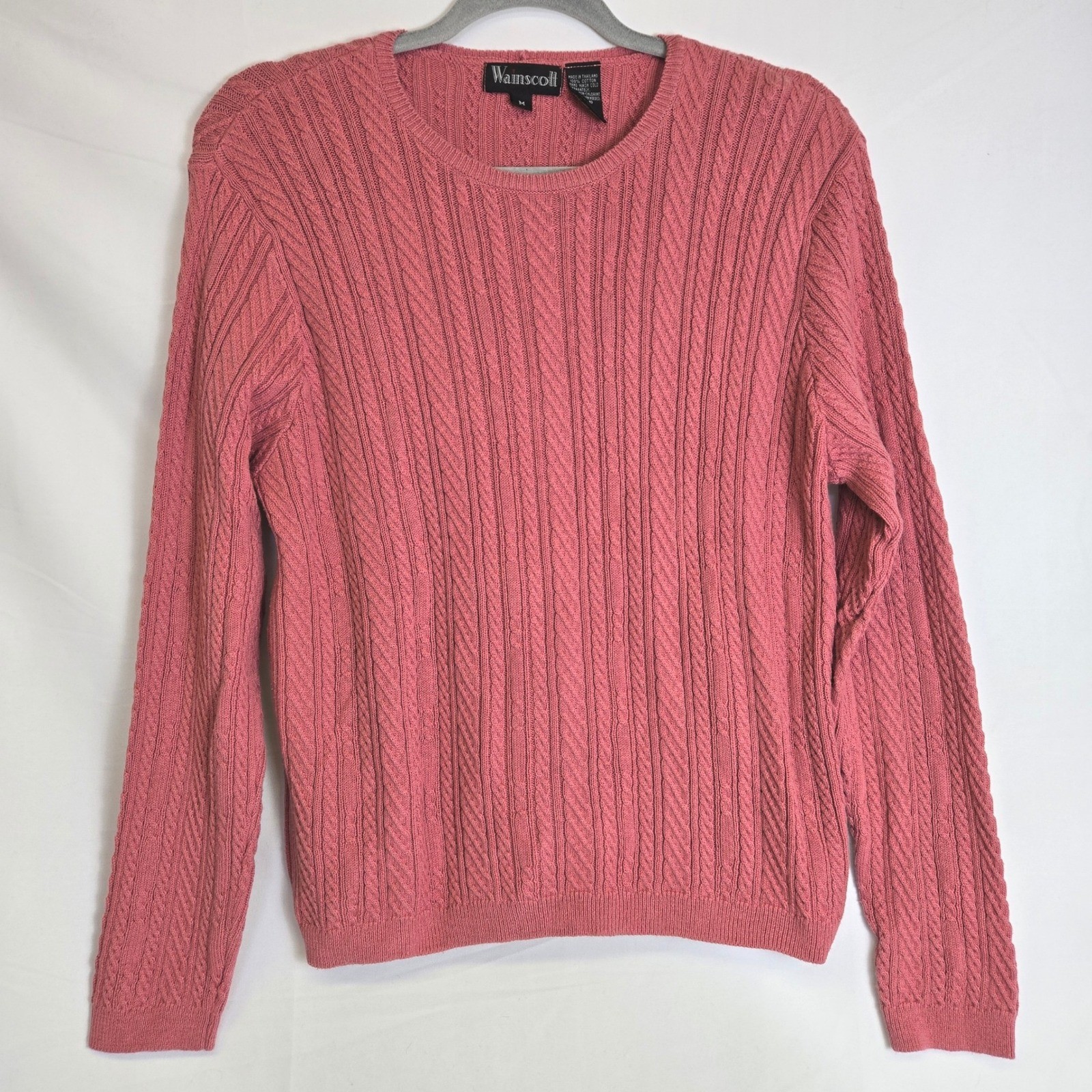 Wainscott 100% Cotton Classic Preppy Cable Knit Sweater, Pink, Medium, Vintage