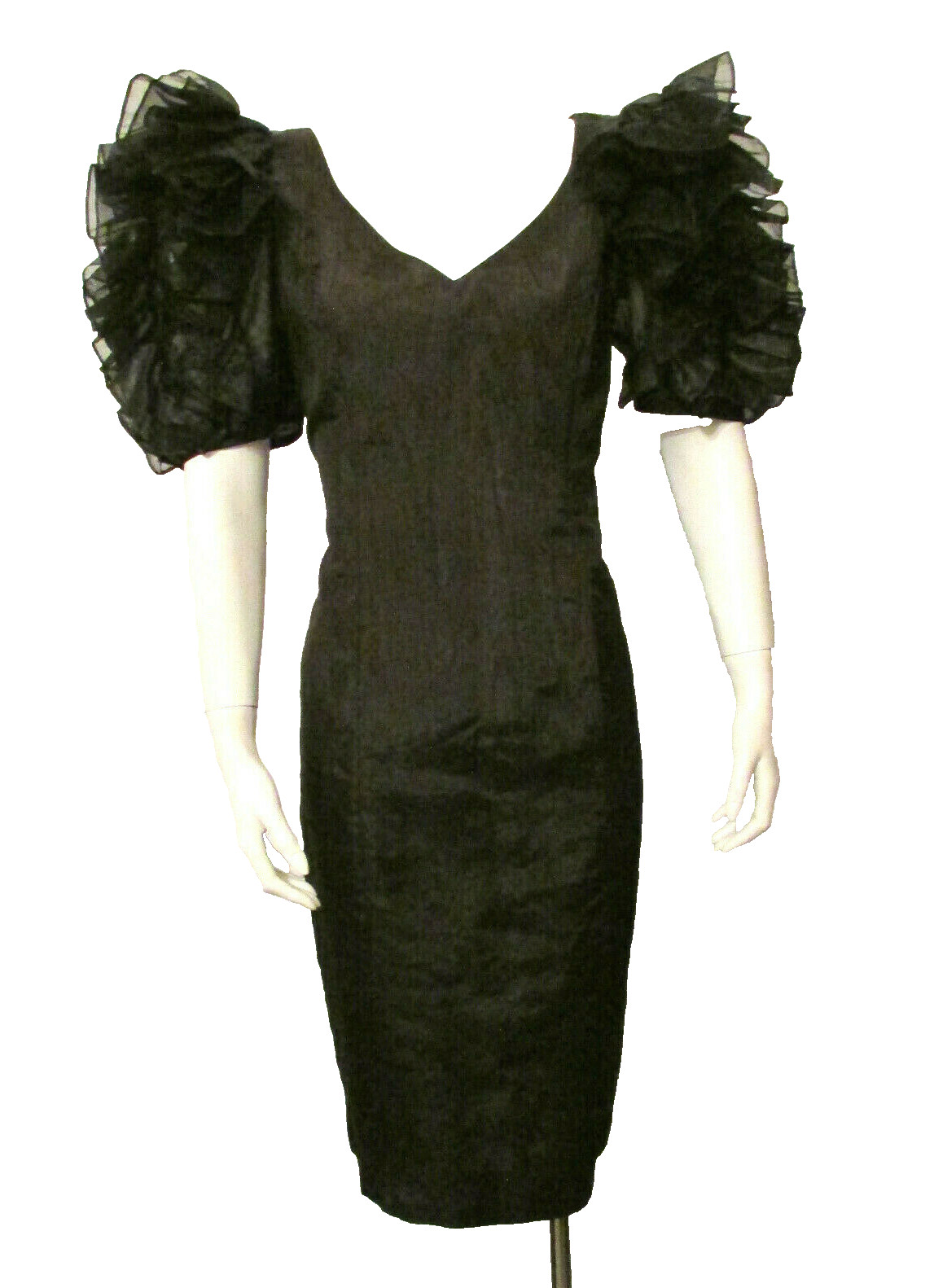 80 Jolie Madame Little Black Dress Ruffled Sleeves Cocktail Evening 7/8 USA made