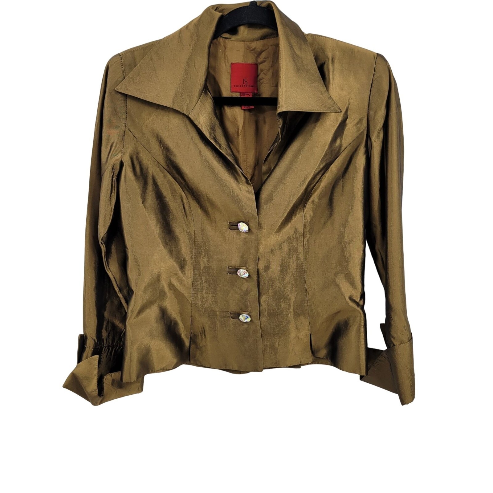 Vintage 80’s Blouse 8 Bronze Formal Metallic Dagger Collar Jewel Buttons Glam