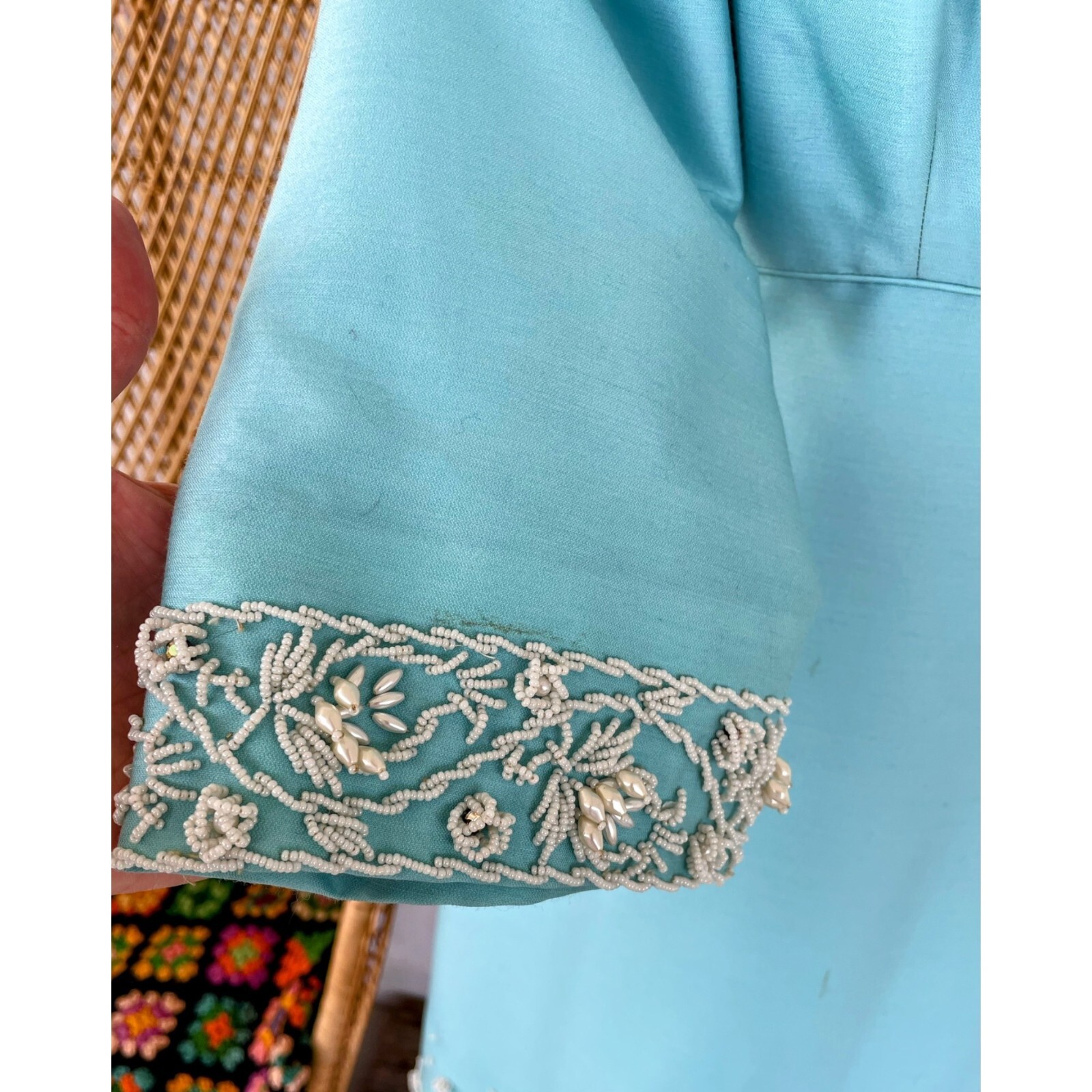 Vintage 1960s Blue Heavy Beaded Silk/wool Blend Midi Dress