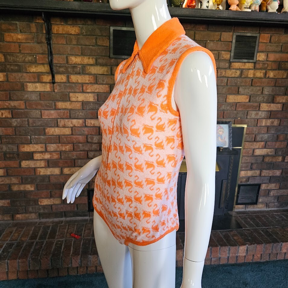 Vtg 70s Mod Go Go Terry Bodysuit Novelty Loch Ness Print Hot Pants Playsuit S/M