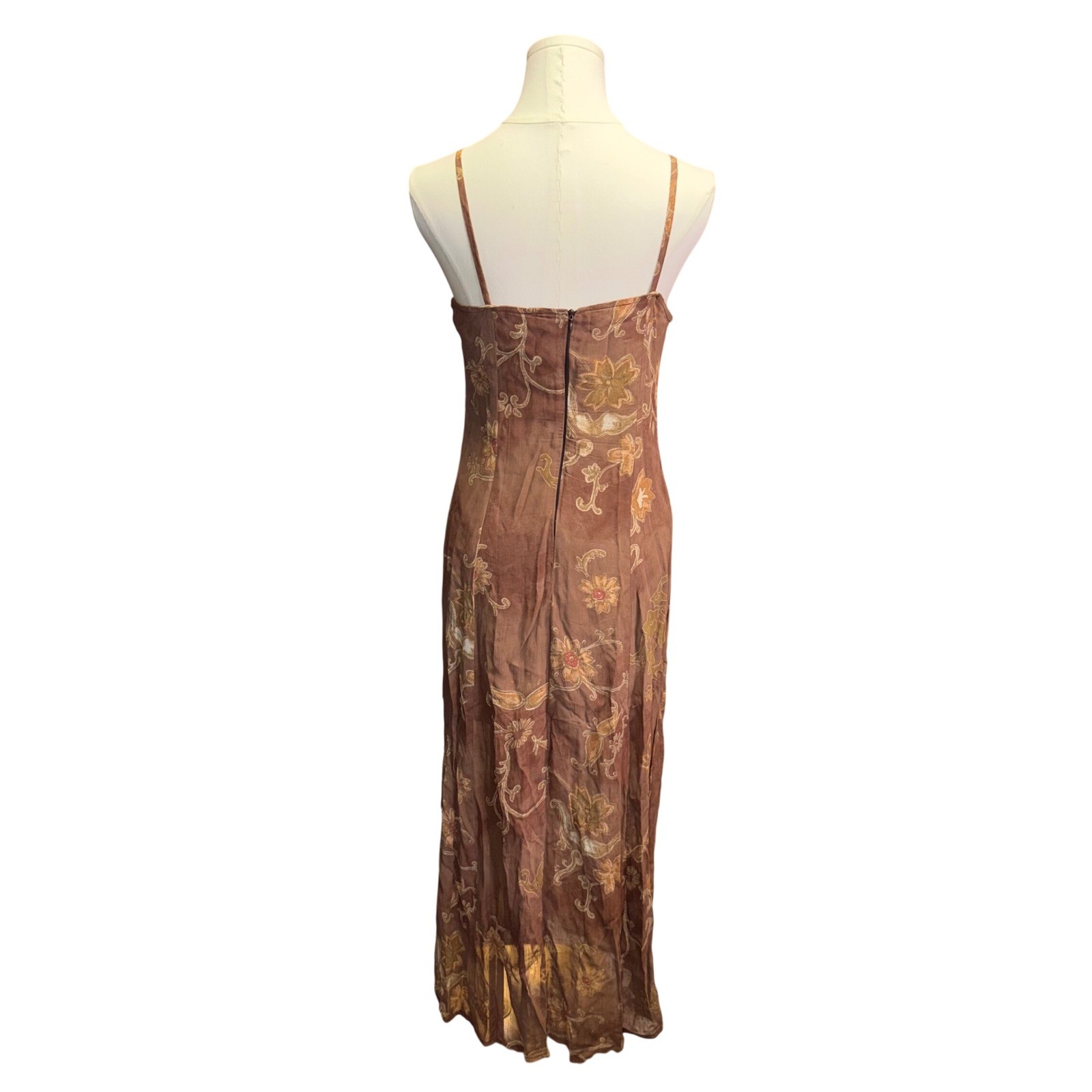 Vintage Euro Silk Blend Slip Dress Brown Floral Asymmetrical Grunge Fairycore
