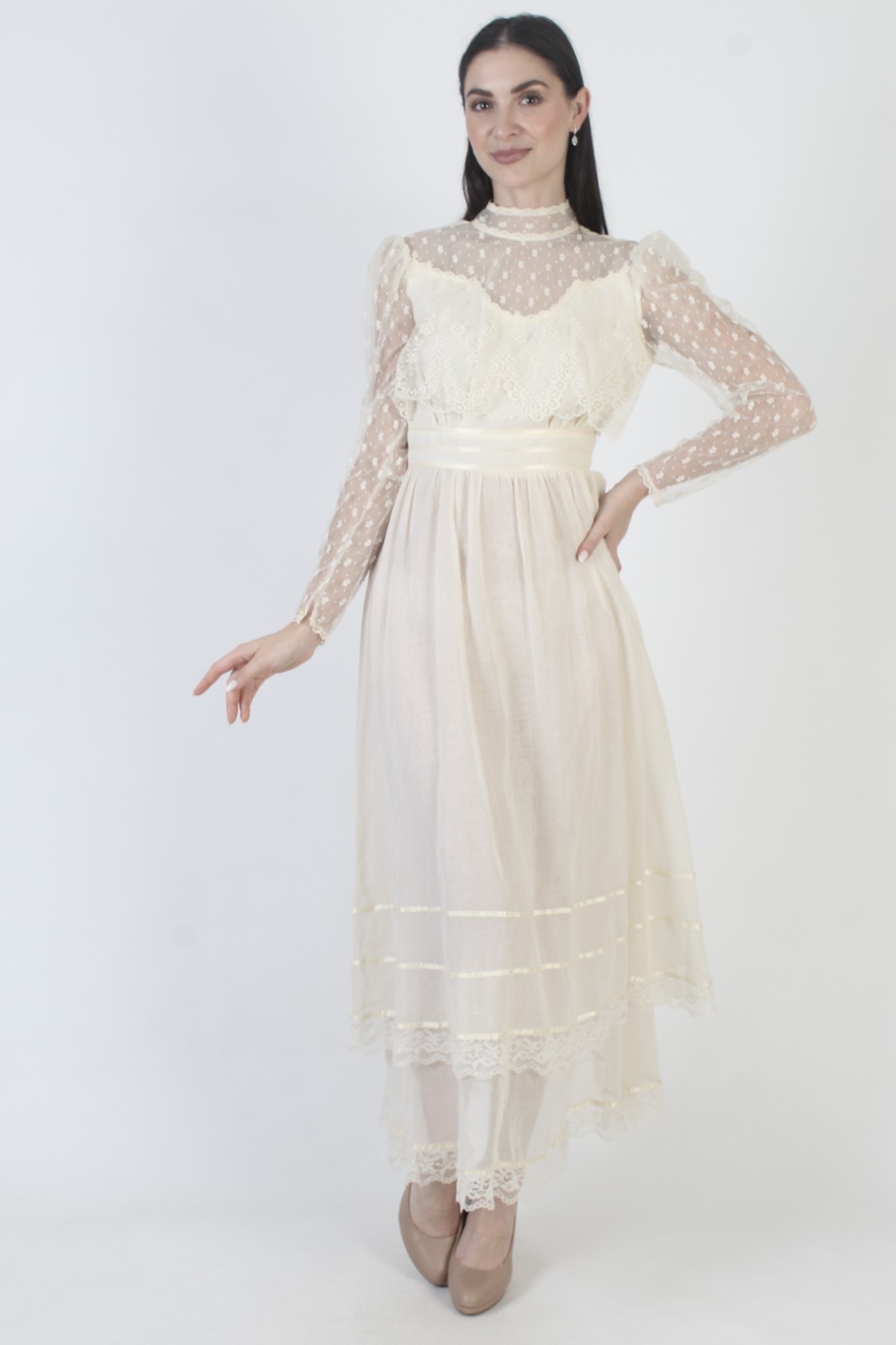Vtg 70s Candi Jones California Dress Prairie Ivory Boho Wedding Victorian Gown