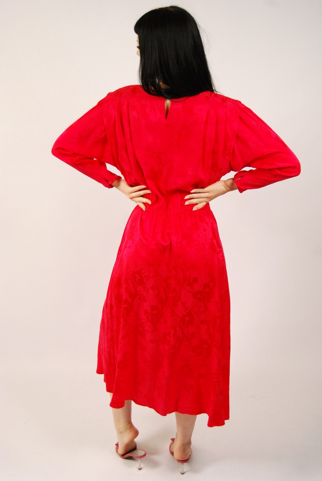 80s Blouson Dress (L) large red vintage midi silks by Nilani candy apple chic