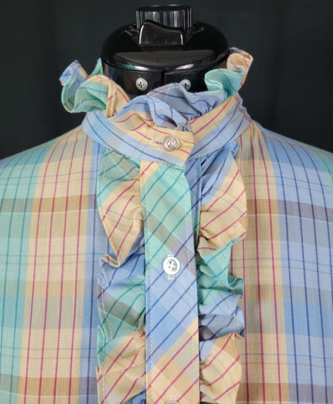 Vtg Lucky Winner Peach/Mint/Blue Plaid Top w Ruffled Collar Size 11/12
