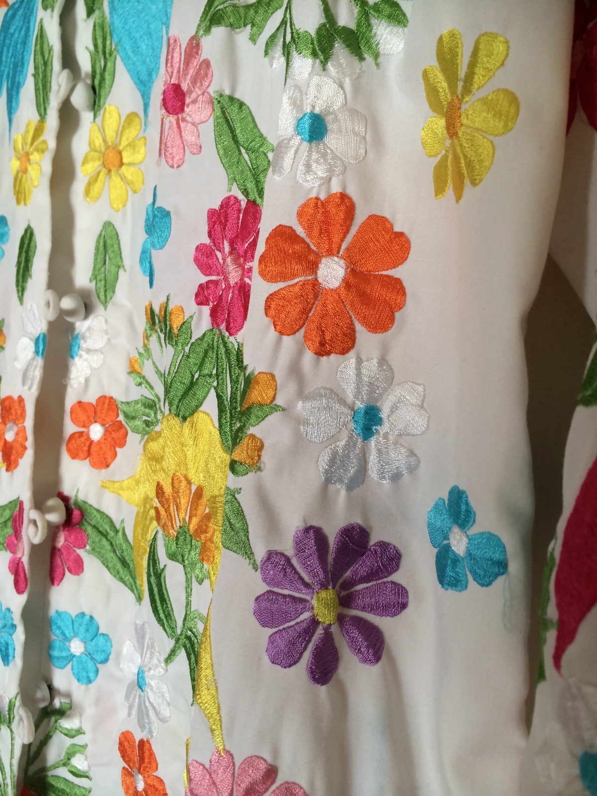 60s Jacket~Long Tunic Blouse~Embroidered Floral Hippie~Mandarin Collar~Size ML