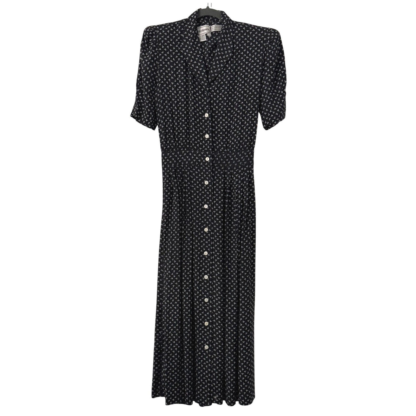 VTG Karin Stevens Midi Dress Sz 6 90s Black Rayon Geometric Print Button Front