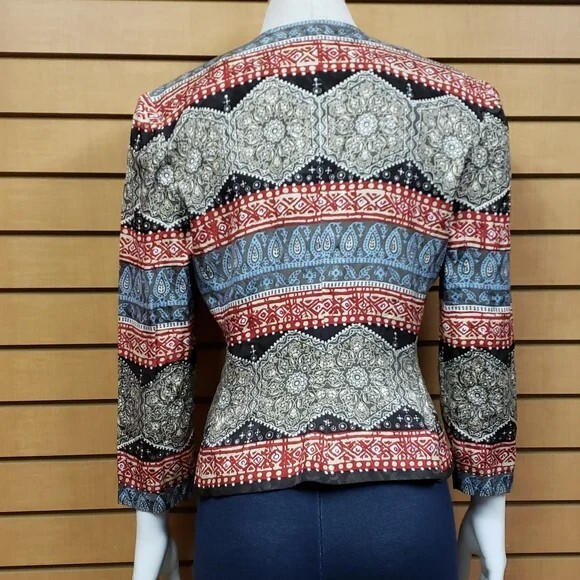 Vintage Adrianna Papell Silk Blazer Jacket Geometric Stripe Red Black Career M