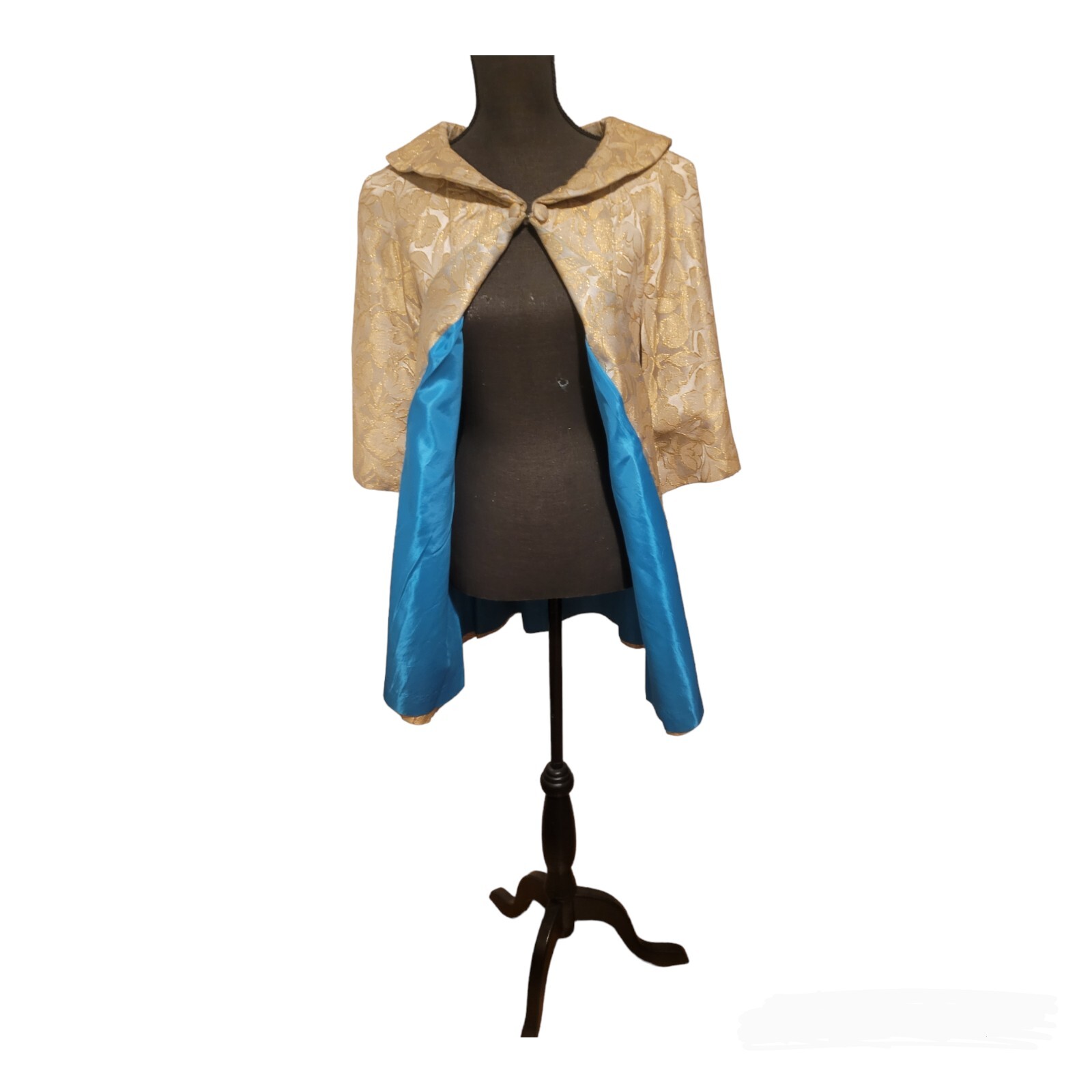 VTG 1960’s Swing Coat Women’s Gold Lamé Turquoise Lining Mad Men Jackie O Sz S