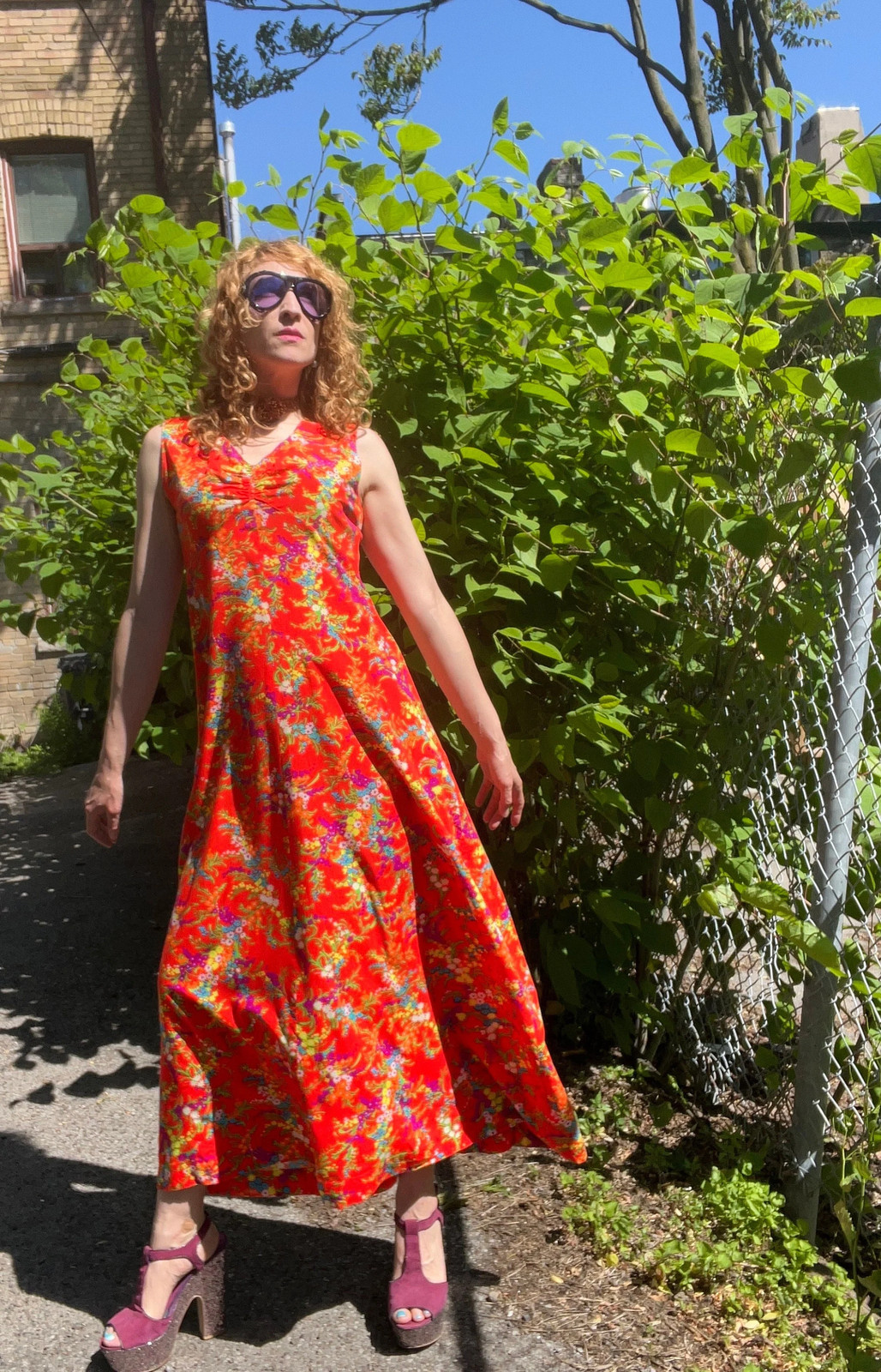 DAY GLO FLORAL Vintage 1960s Psychedelic Cotton Maxi Dress Flower Power