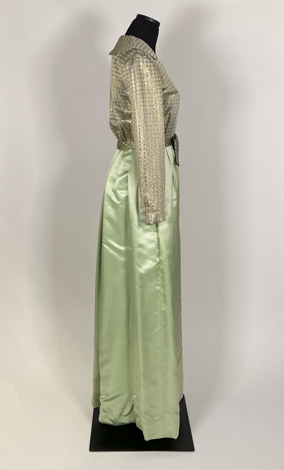 076 1960s Malcolm Starr long sleeve satin gown, pale green, metallic gold size S