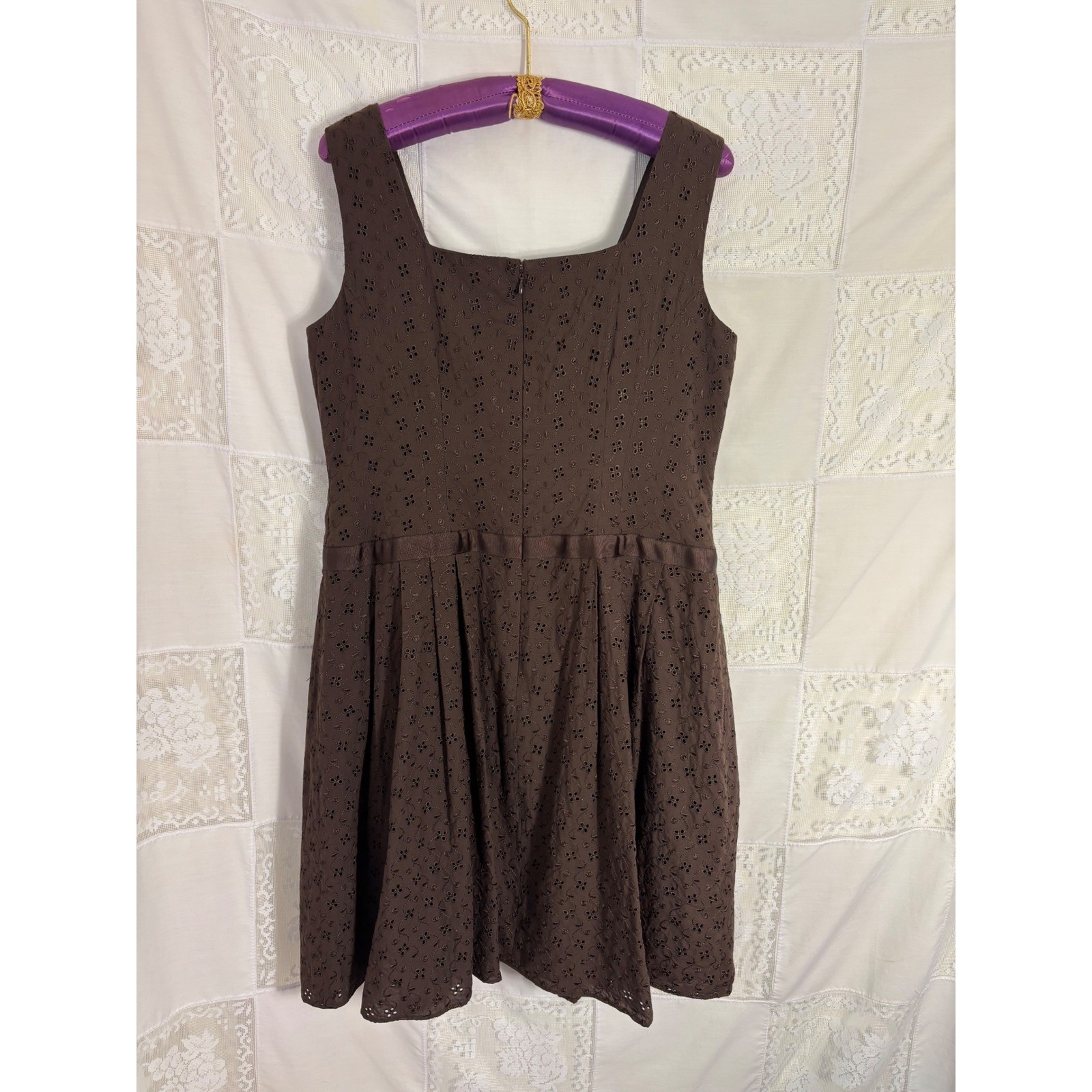 VTG Brown Cottage Twee Bow Front Babydoll Cotton Eyelet Midi Dress Size XL