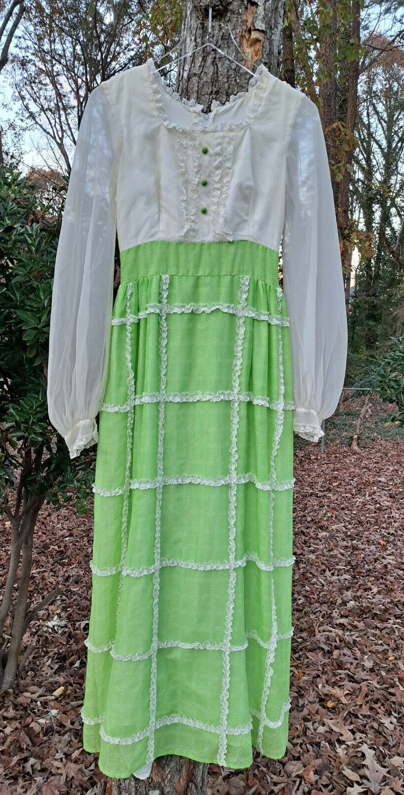VNTG Nadine 1970s Prom? Dress Size Small 4 6 Green Ivory Dotted Cottage Prairie
