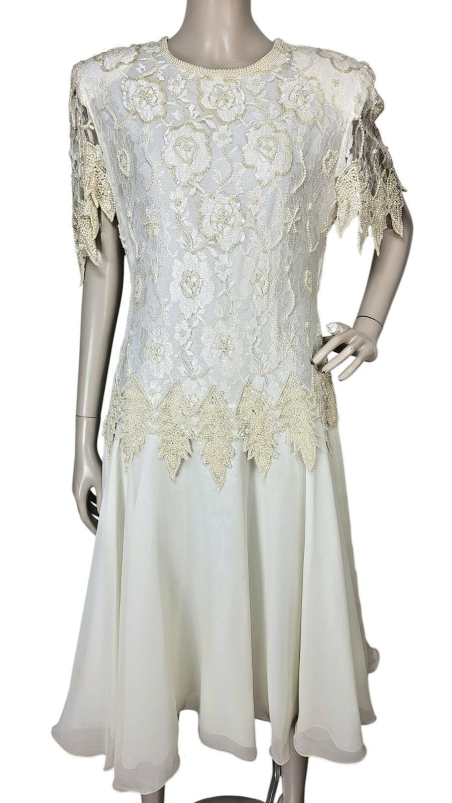 Vintage Laurance Kazar Creme Pearl Beaded Sequined Tiered Chiffon Formal Dress