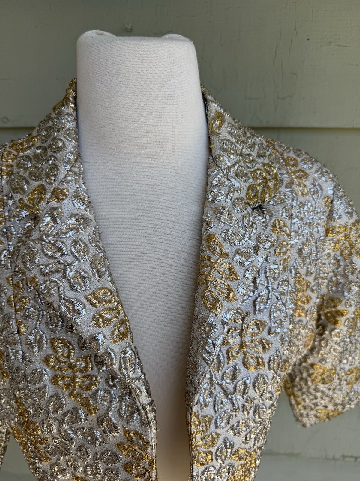 Vintage 60s Gold Silver Lamé Jaquard Evening Bolero Jacket S/M Open Front