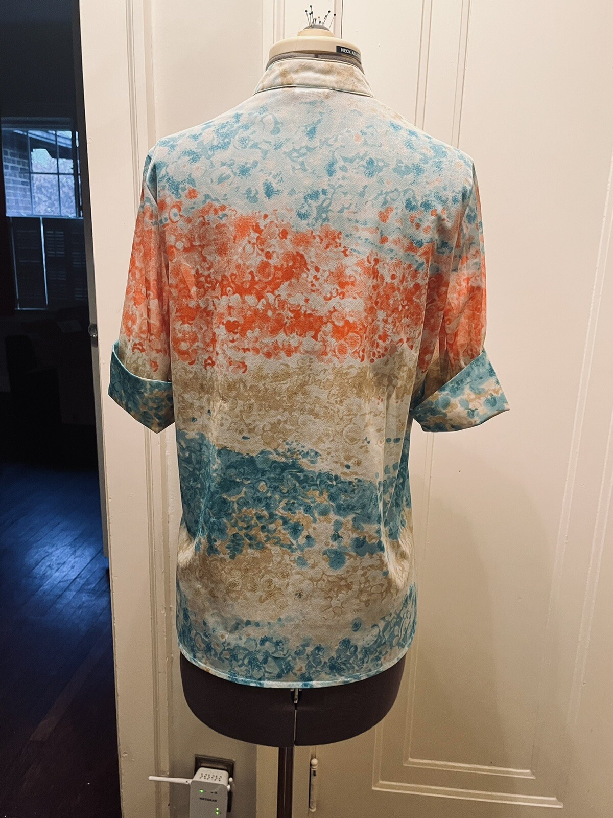 70s TERRY CHICAGO Multicolored PRINT COLLARLESS BUTTON NECK Blouse SHIRT SZ M