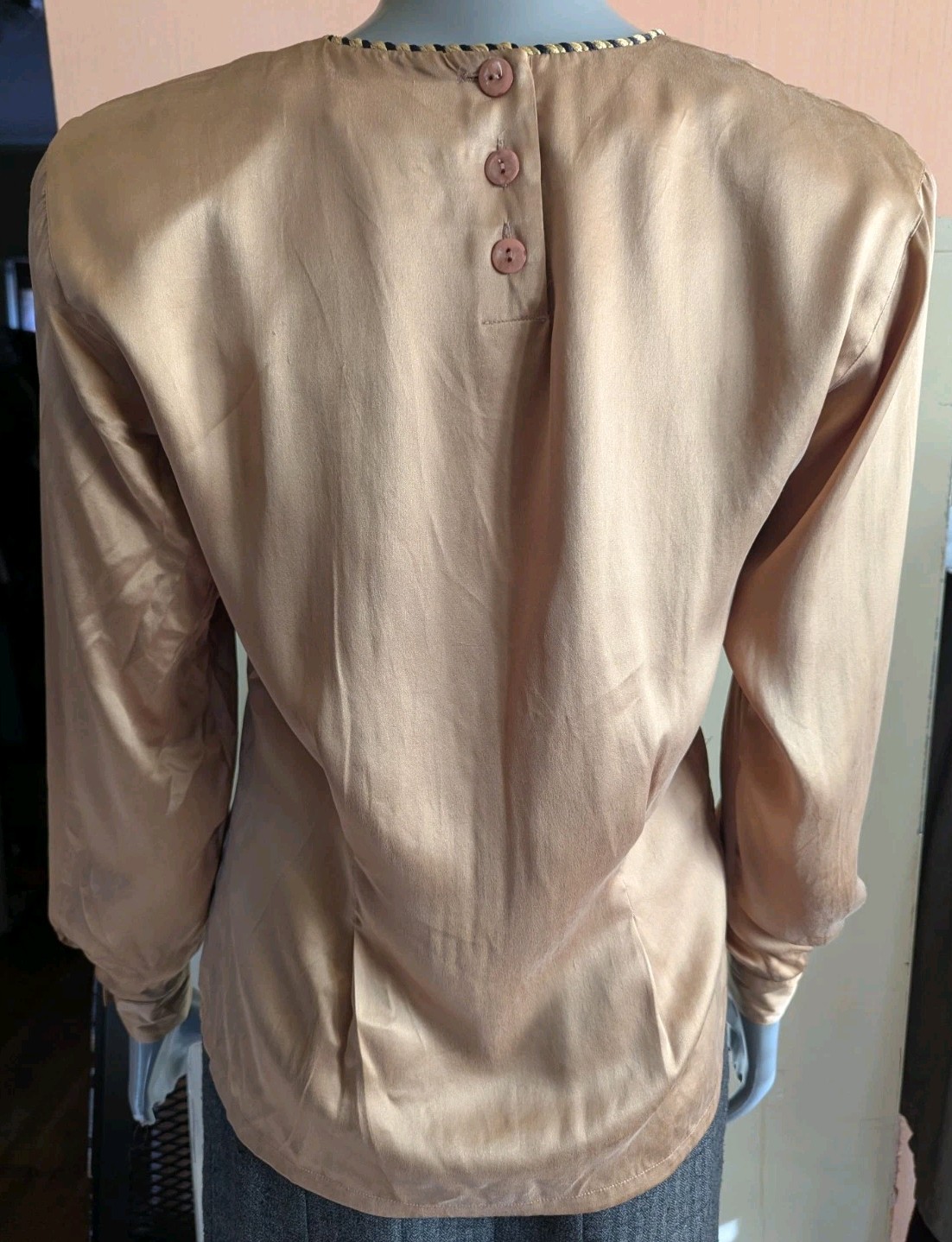 Vintage 1980s Casual Corner 100% Silk Satin-Finish Bronze Blouse Rope Trim 4